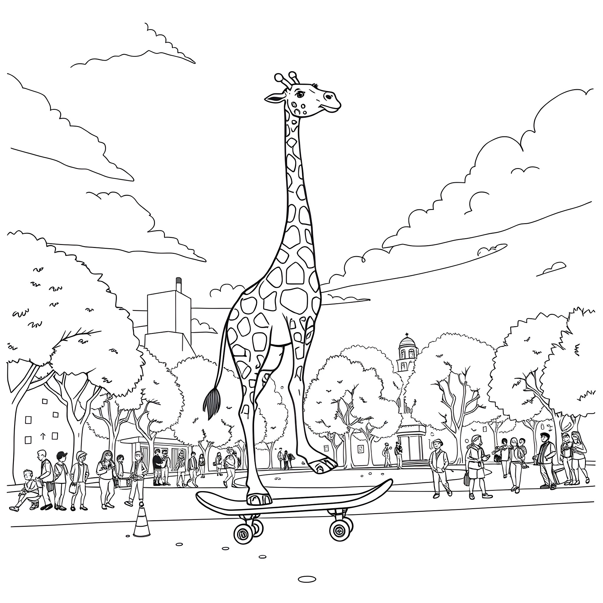 Giraffe standing tall in a lively city scene Coloring Page (free black-and-white line drawing printable PDF for all, from beginners to advanced learners, including children, teens, adults, and seniors)