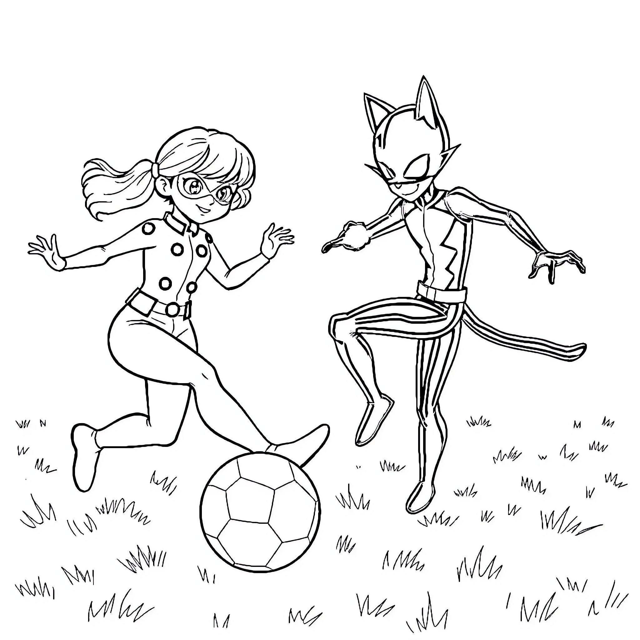 Ladybug duo dribbling soccer ball in grassy field Coloring Page (free black-and-white line drawing printable PDF for all, from beginners to advanced learners, including children, teens, adults, and seniors)