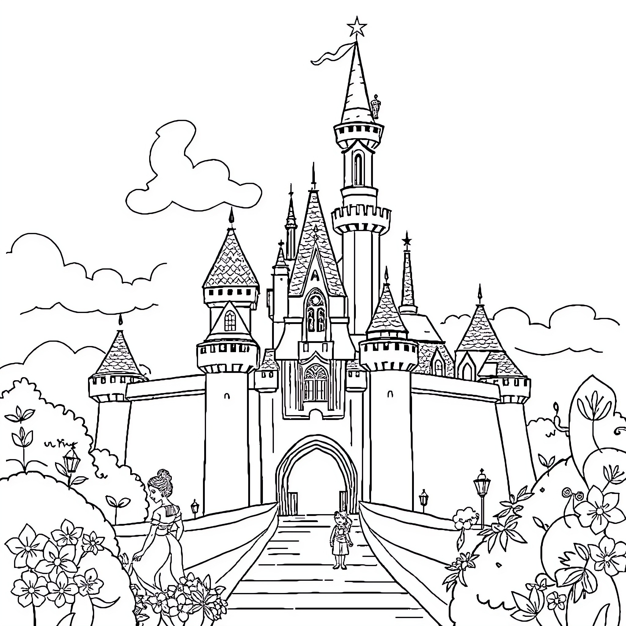 Disney Castle with Magical Characters and Landscape Coloring Page (free black-and-white line drawing printable PDF for all, from beginners to advanced learners, including children, teens, adults, and seniors)