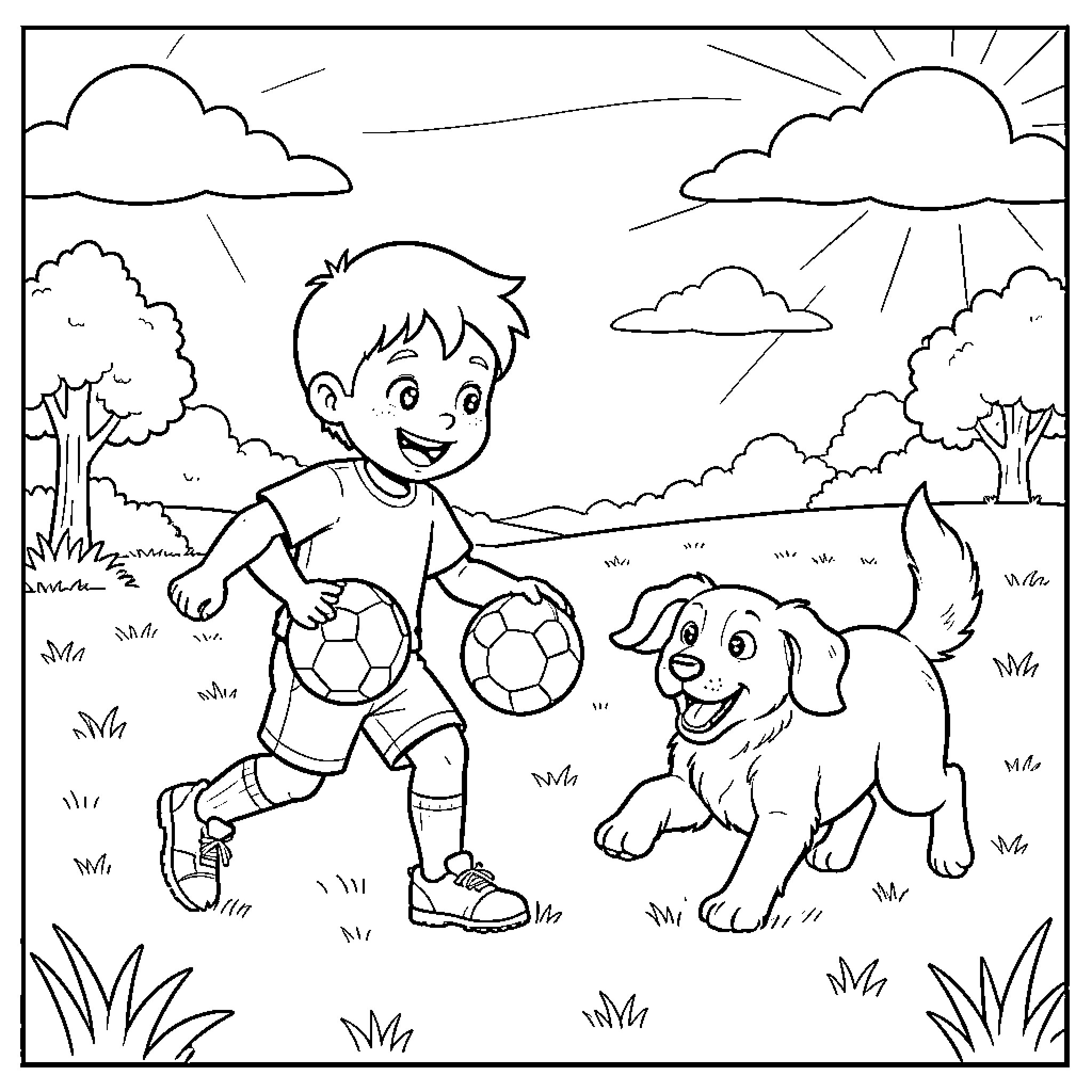 Child playing soccer with dog in the park Coloring Page (free black-and-white line drawing printable PDF for all, from beginners to advanced learners, including children, teens, adults, and seniors)