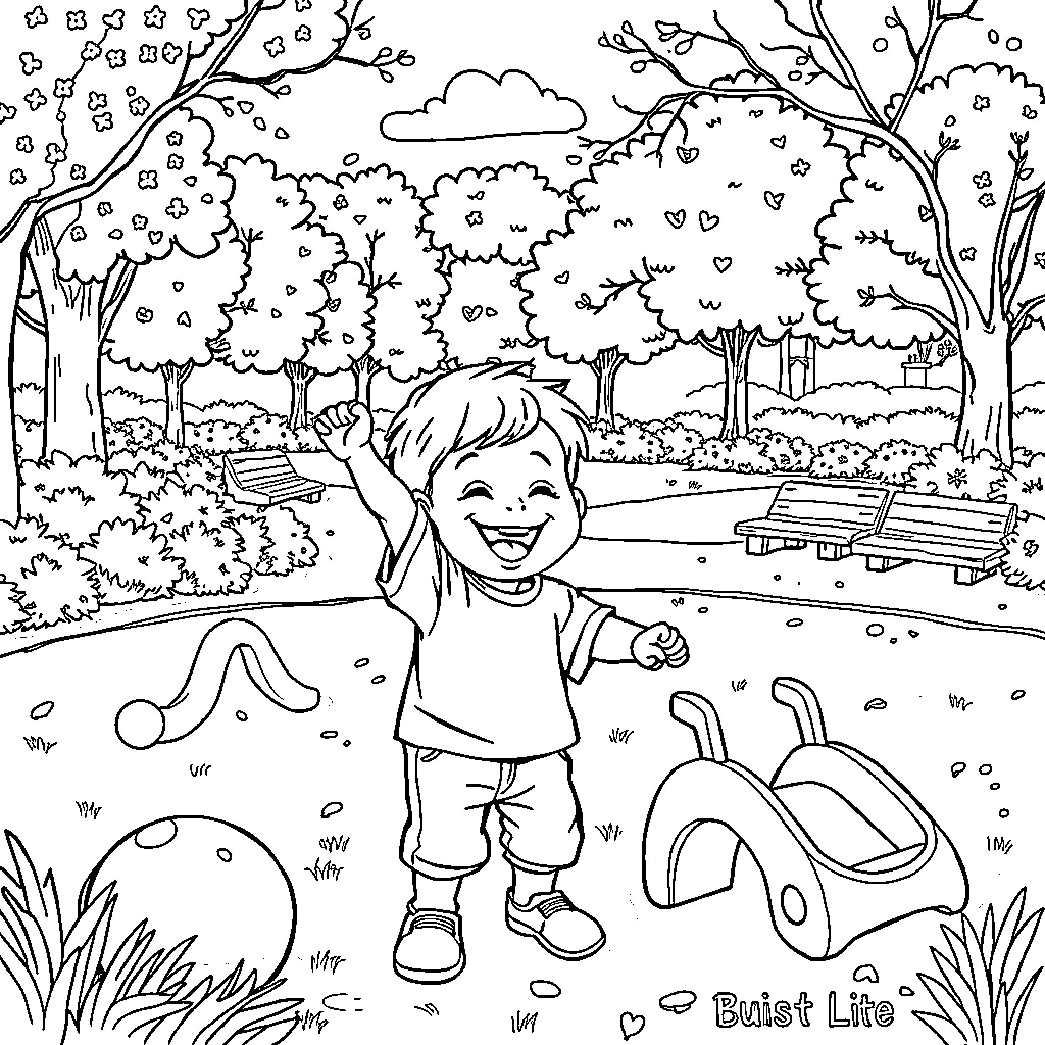 Boy playing happily in the park Coloring Page (free black-and-white line drawing printable PDF for all, from beginners to advanced learners, including children, teens, adults, and seniors)