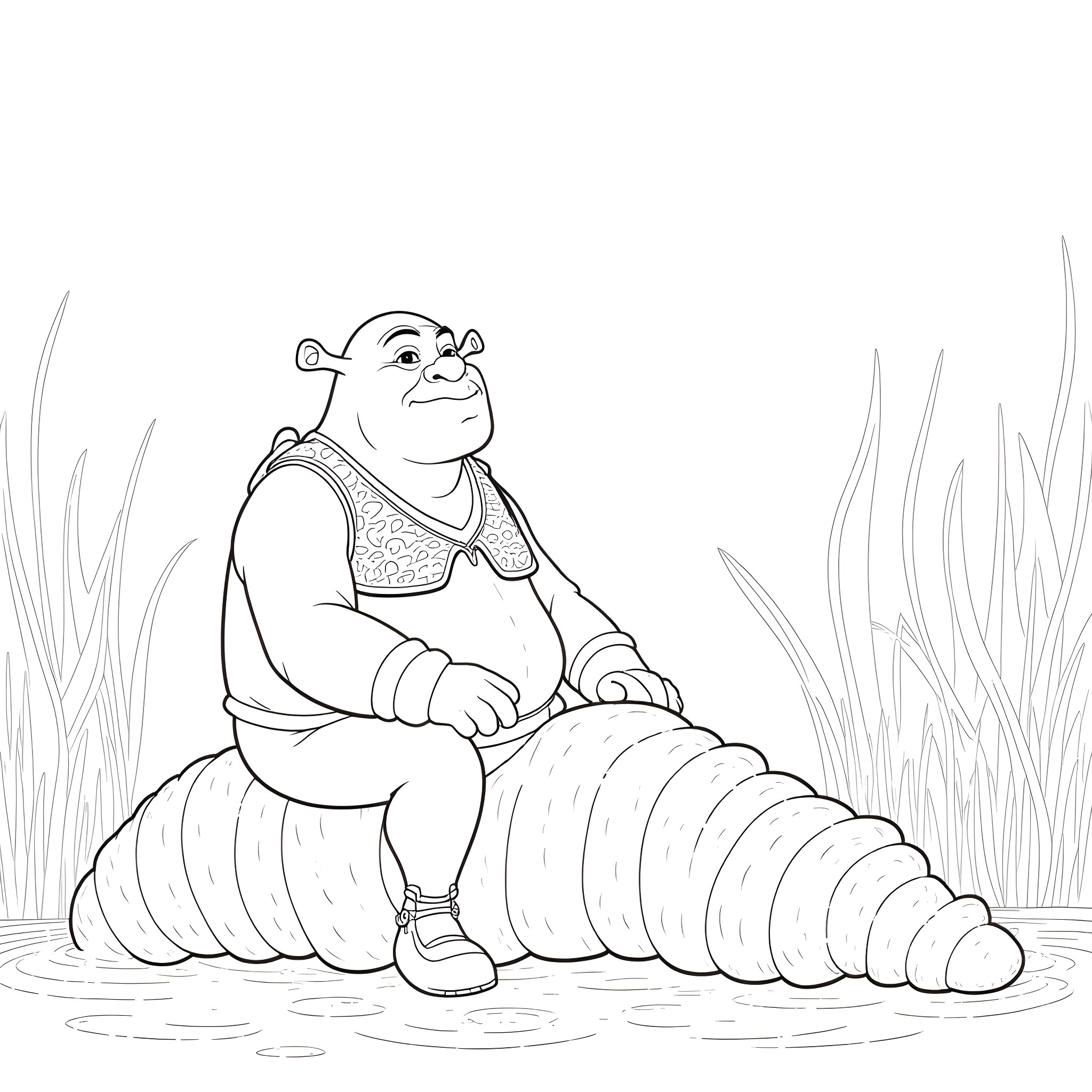 Shrek relaxing on a giant snail Coloring Page (free black-and-white line drawing printable PDF for all, from beginners to advanced learners, including children, teens, adults, and seniors)