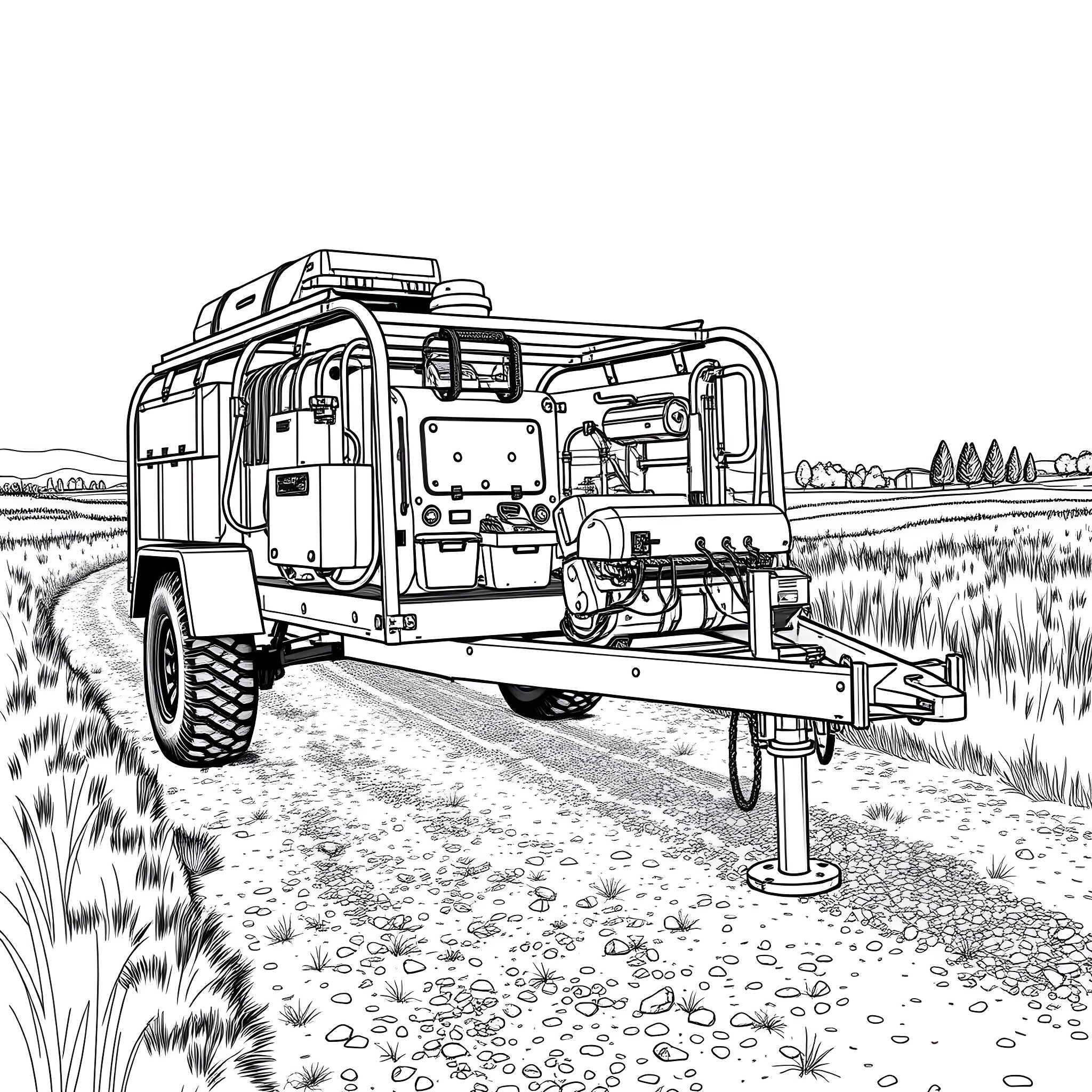 Trailer for an adventure camping vehicle in the countryside Coloring Page (free black-and-white line drawing printable PDF for all, from beginners to advanced learners, including children, teens, adults, and seniors)