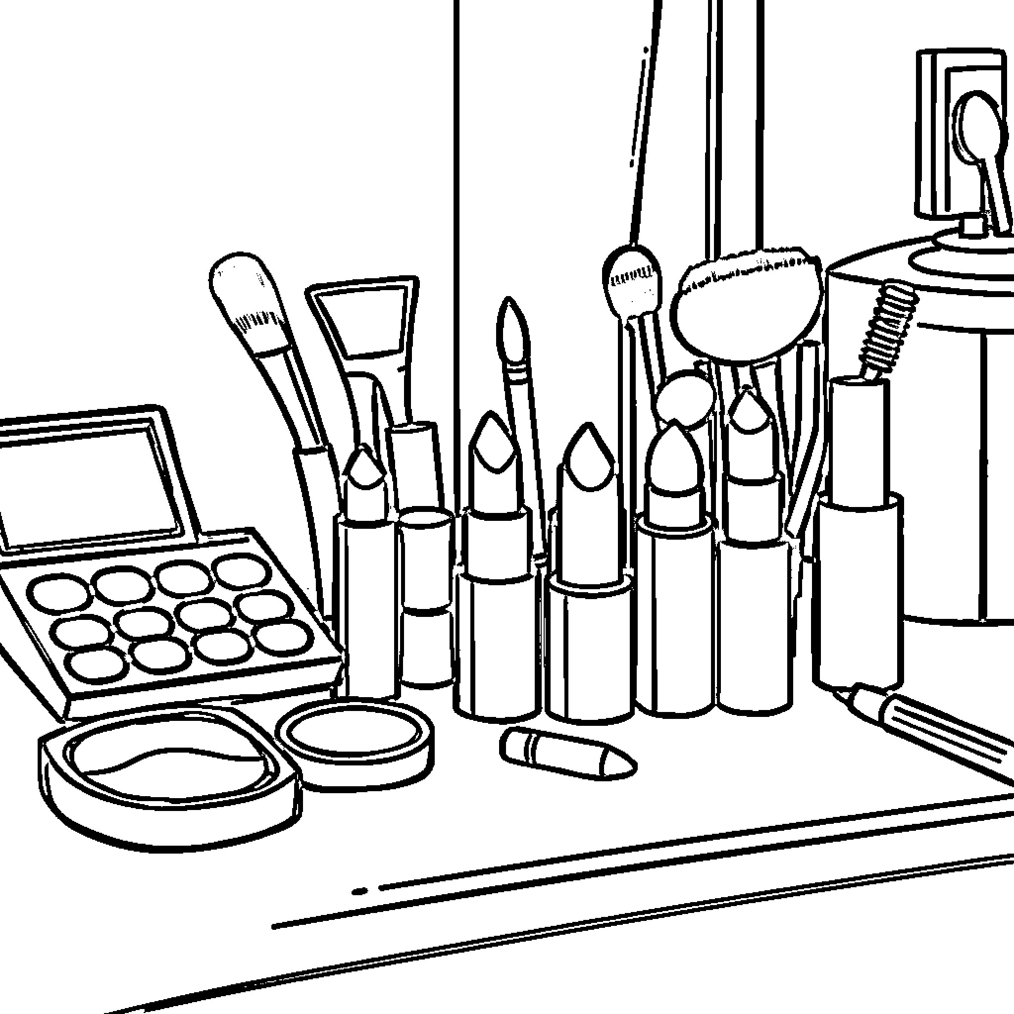 Makeup Accessories for Beauty Routine Coloring Page (free black-and-white line drawing printable PDF for all, from beginners to advanced learners, including children, teens, adults, and seniors)