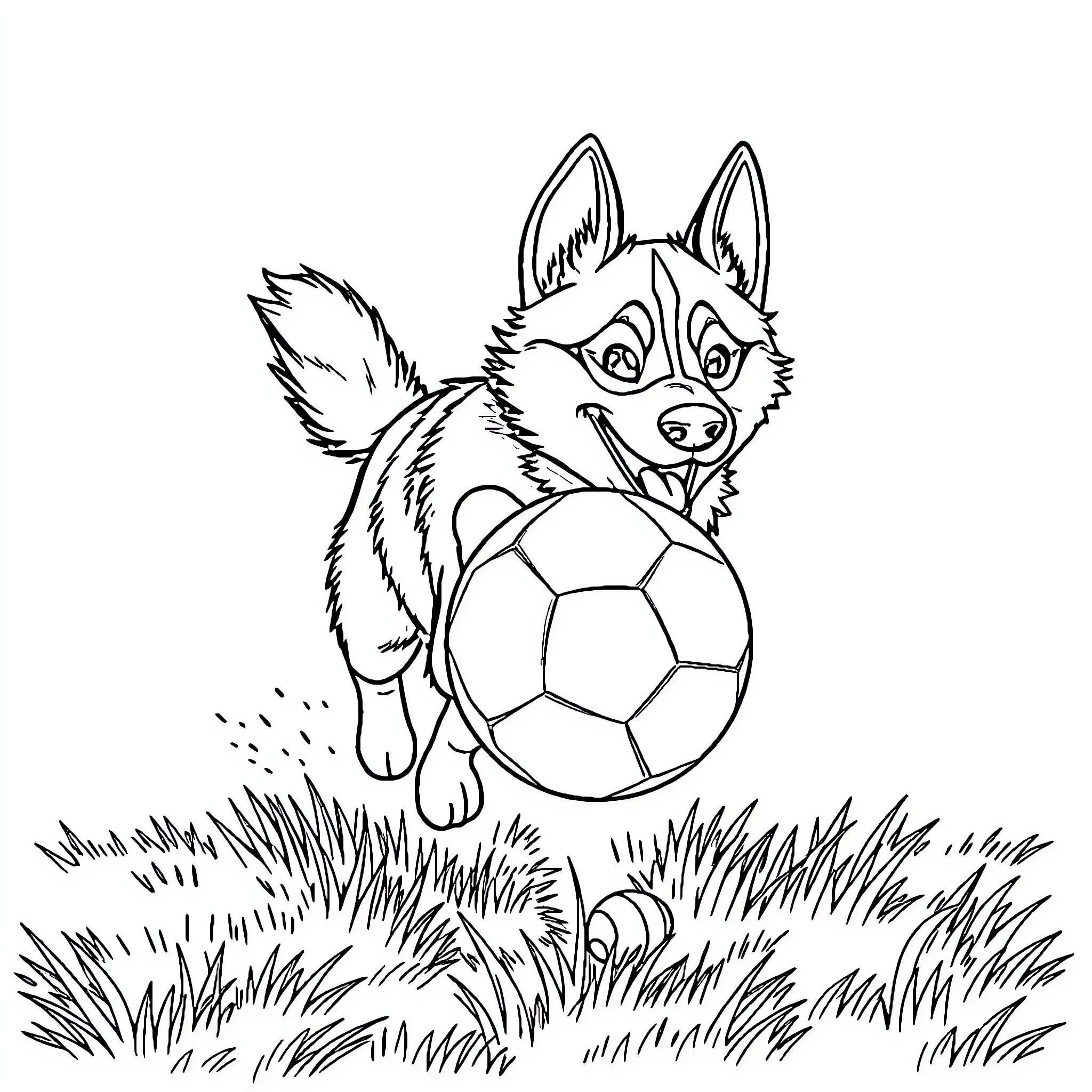 Husky playing with soccer ball in grassy field Coloring Page (free black-and-white line drawing printable PDF for all, from beginners to advanced learners, including children, teens, adults, and seniors)
