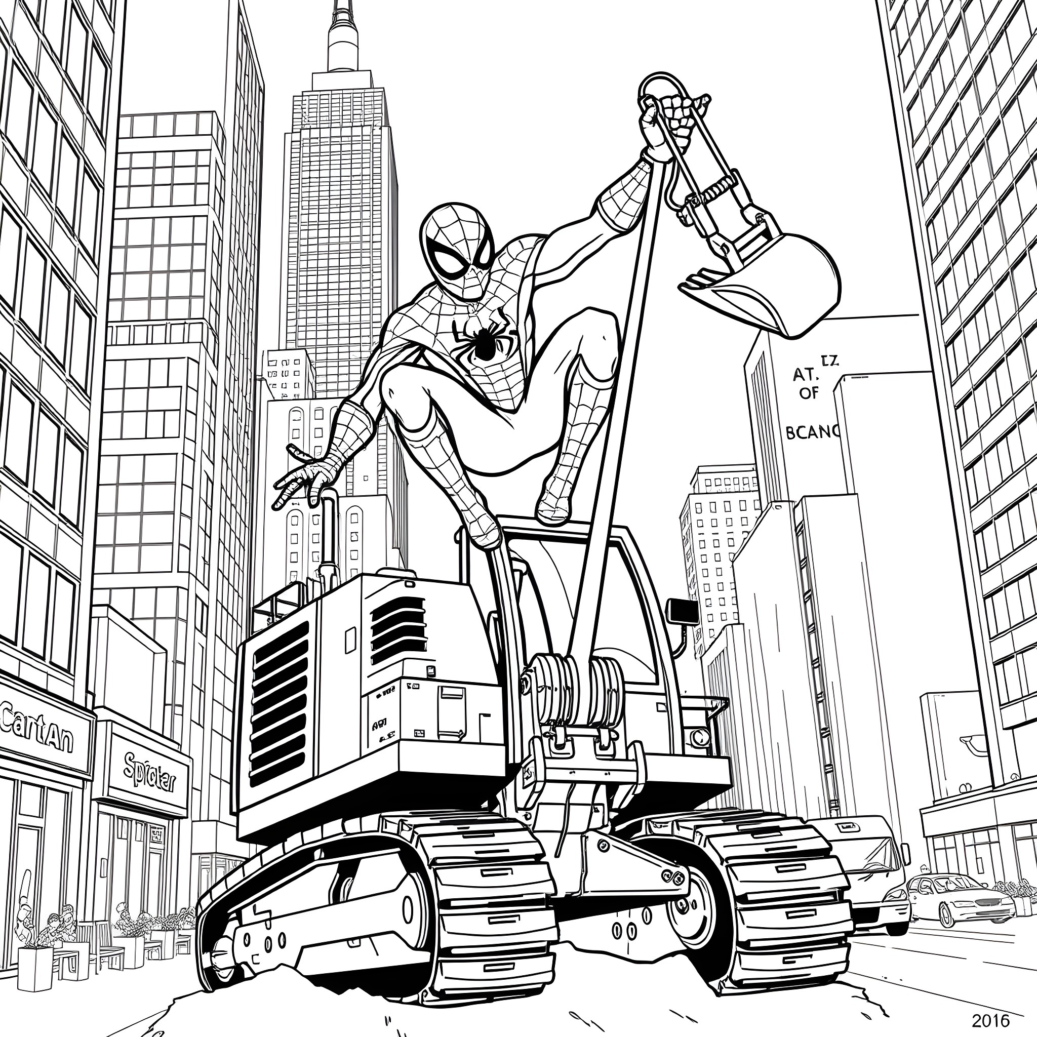 Spider-Man swinging on web above the city skyline Coloring Page (free black-and-white line drawing printable PDF for all, from beginners to advanced learners, including children, teens, adults, and seniors)