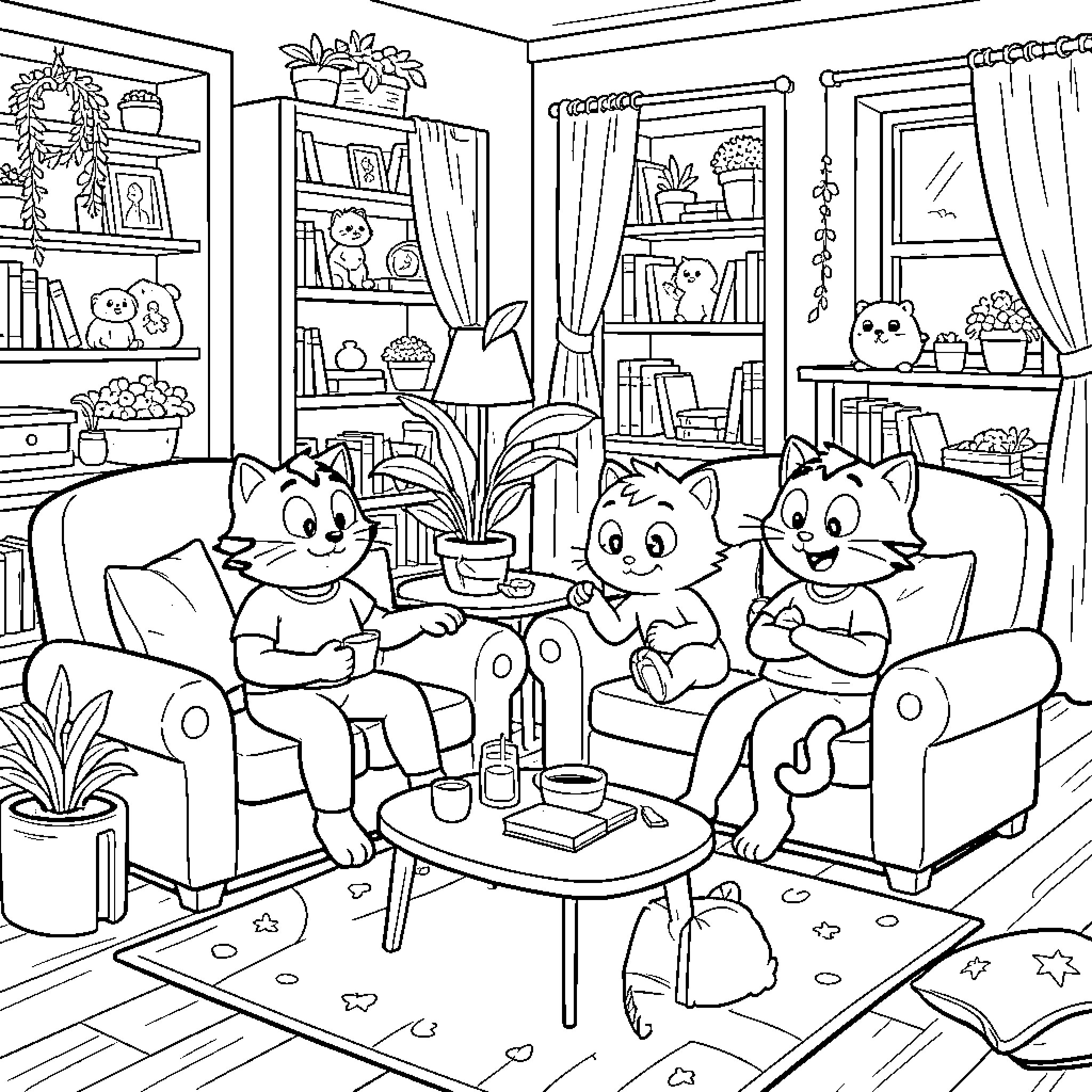 Tom The Cat relaxing with friends on a sofa Coloring Page (free black-and-white line drawing printable PDF for all, from beginners to advanced learners, including children, teens, adults, and seniors)