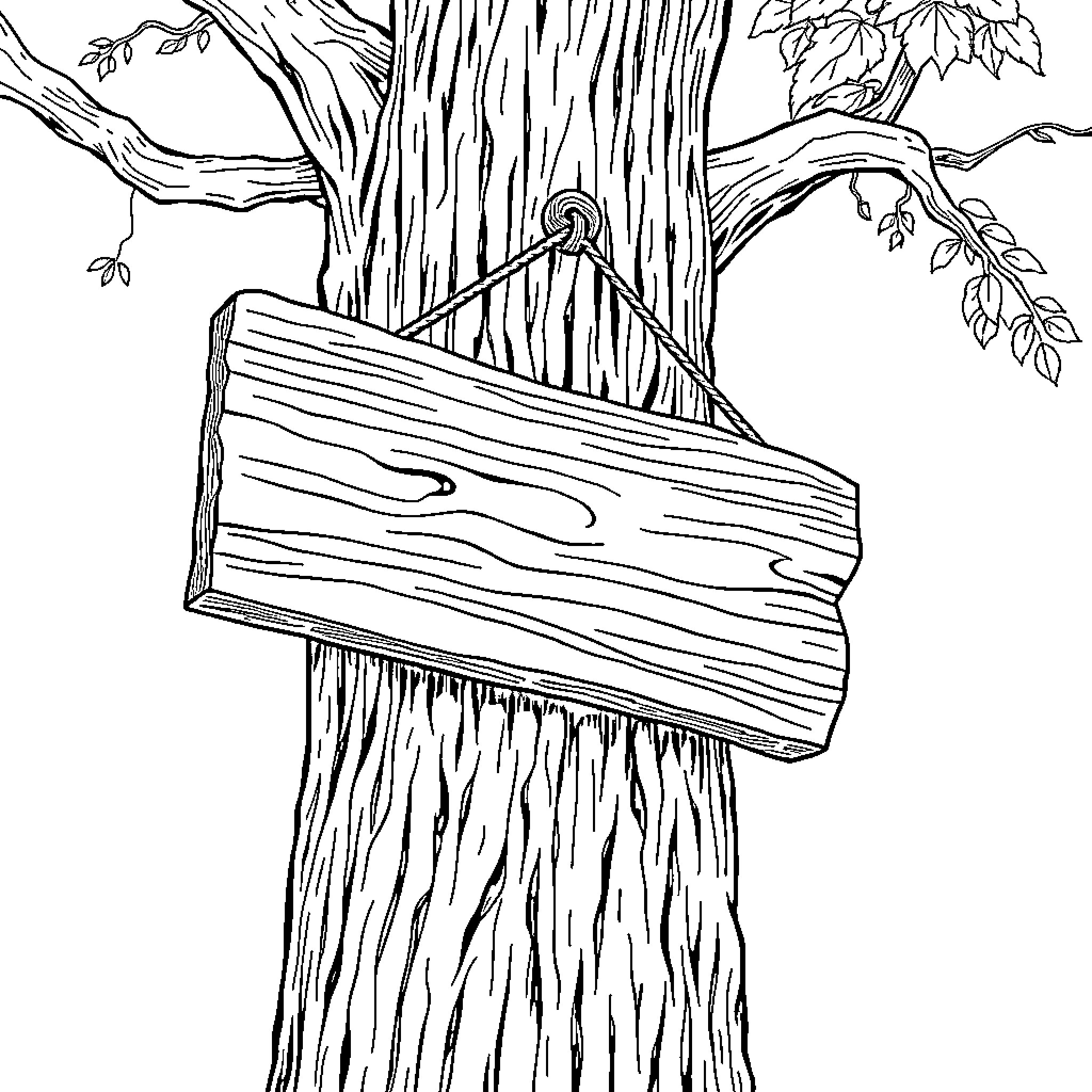 Bird Perching on Wooden Sign in Forest Coloring Page (free black-and-white line drawing printable PDF for all, from beginners to advanced learners, including children, teens, adults, and seniors)
