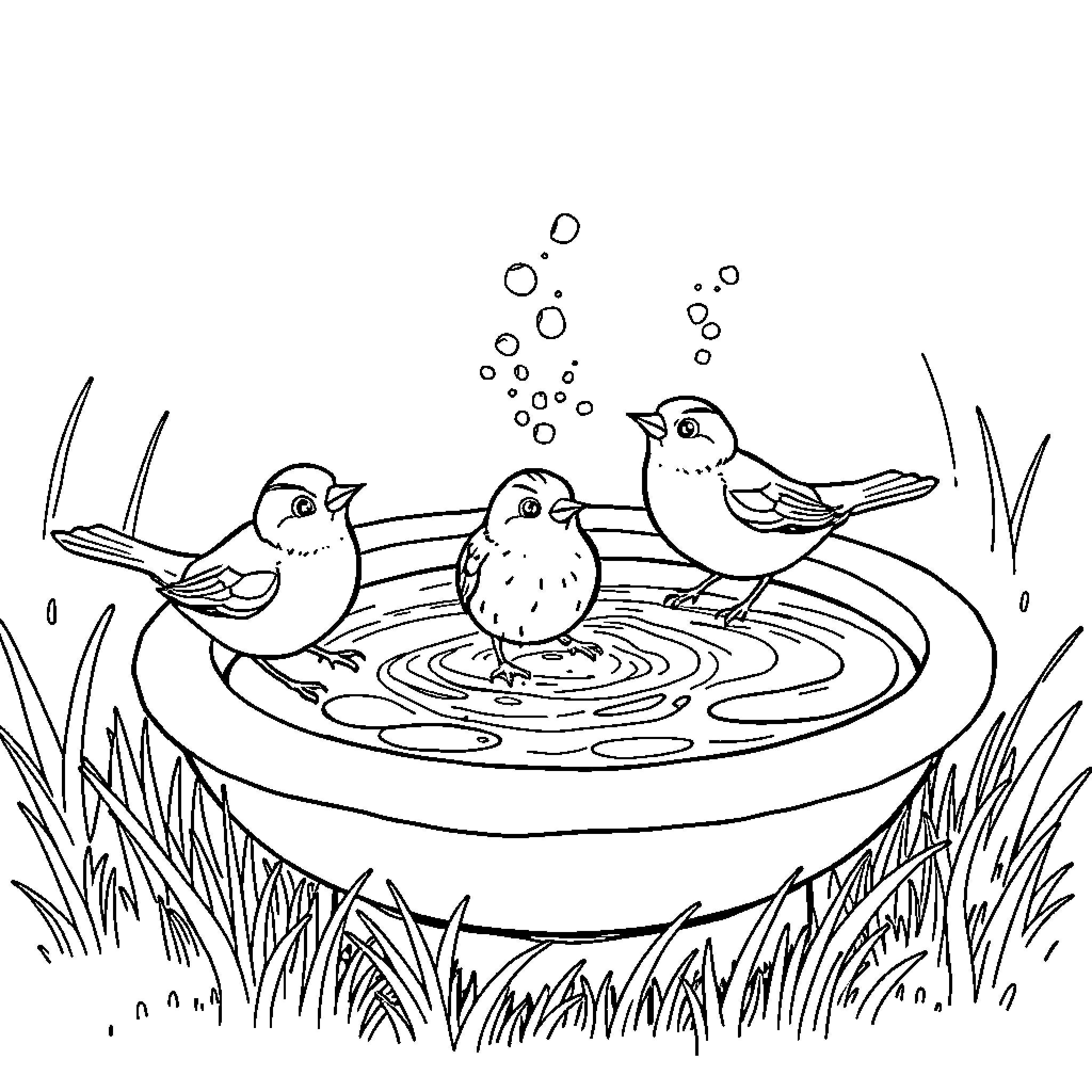 Sparrow trio playing in birdbath Coloring Page (free black-and-white line drawing printable PDF for all, from beginners to advanced learners, including children, teens, adults, and seniors)