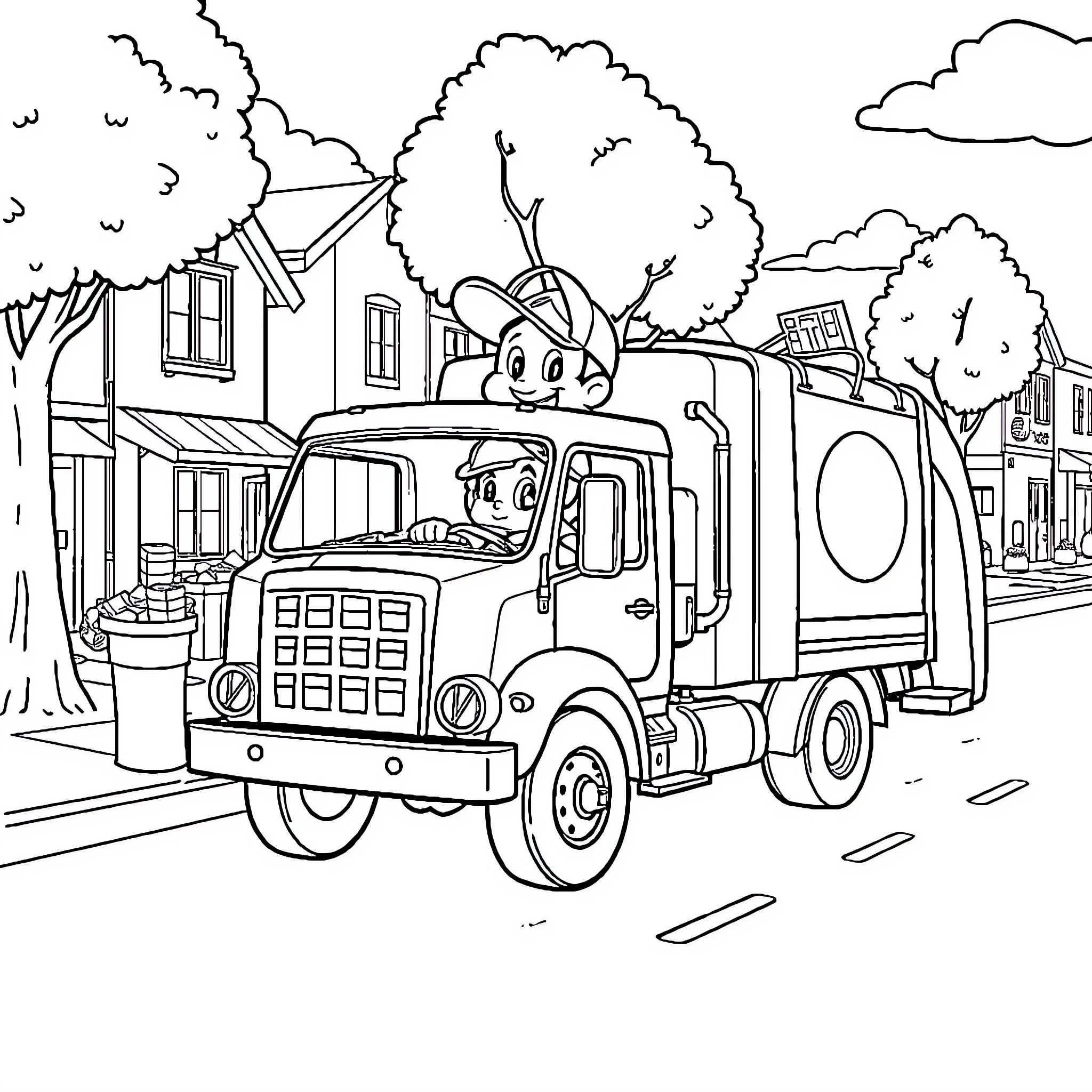 Nico's Truck Delivers Joy in the Neighborhood Coloring Page (free black-and-white line drawing printable PDF for all, from beginners to advanced learners, including children, teens, adults, and seniors)