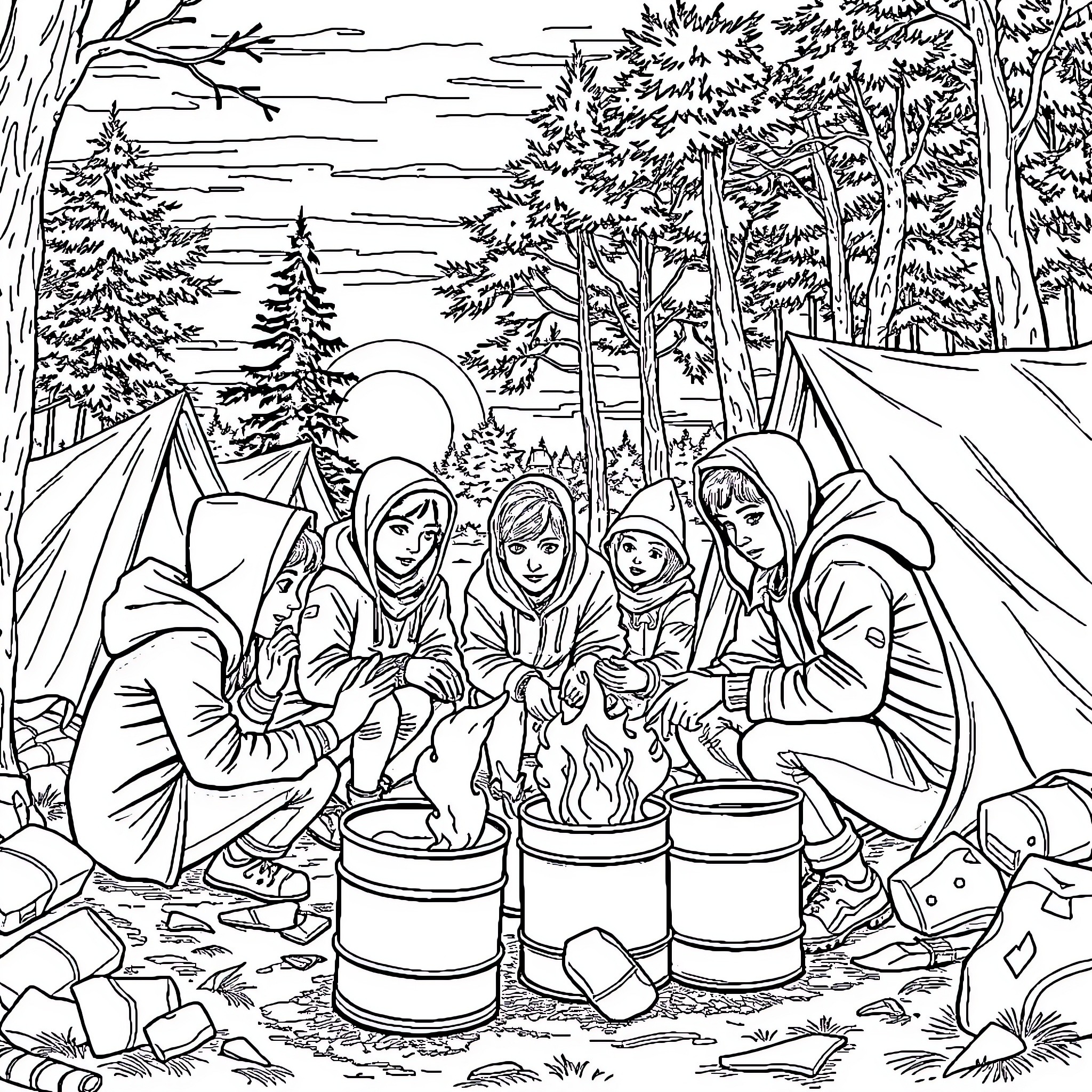 Camp Fun with Friends in the Outdoors Coloring Page (free black-and-white line drawing printable PDF for all, from beginners to advanced learners, including children, teens, adults, and seniors)