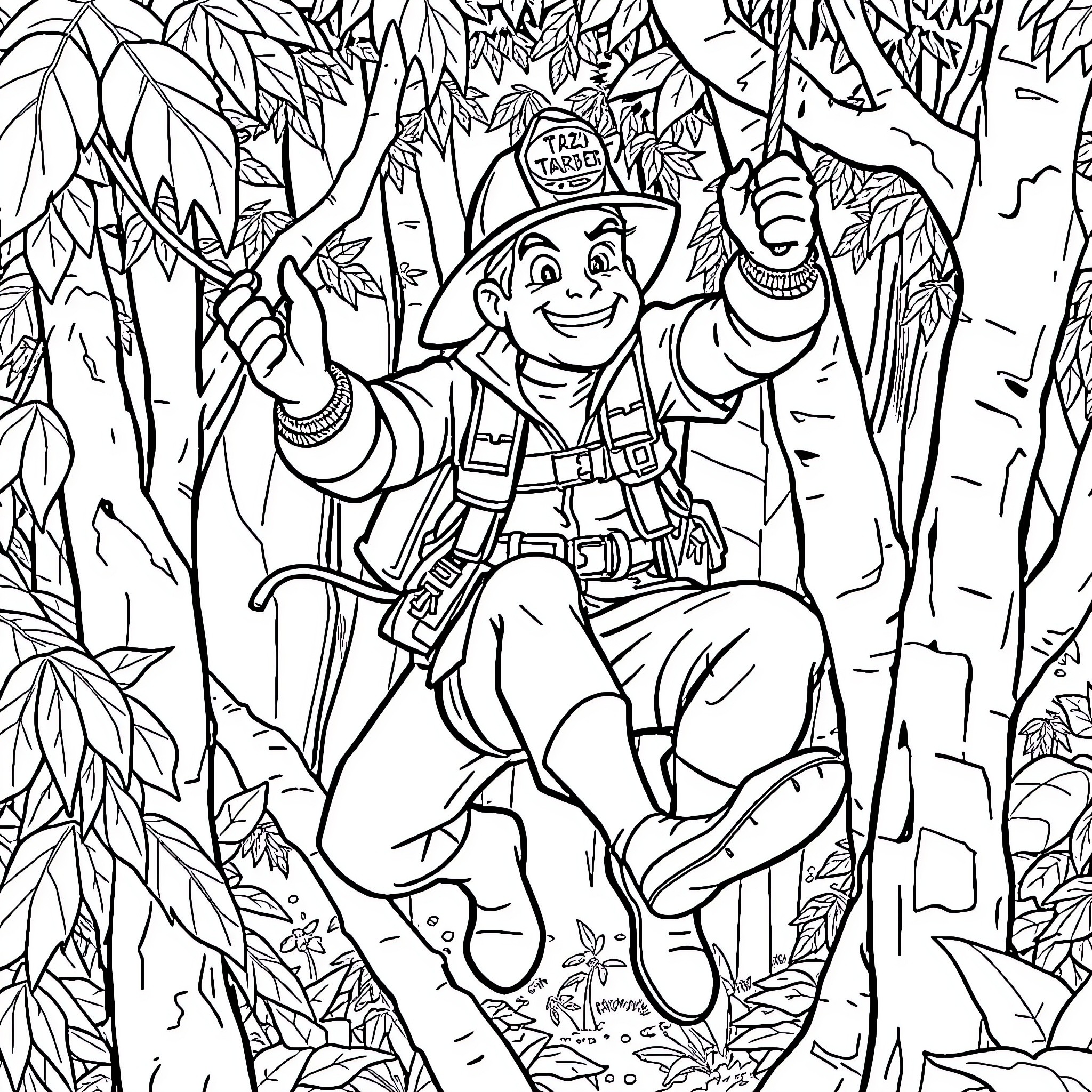 Tarzan exploring the jungle with excitement Coloring Page (free black-and-white line drawing printable PDF for all, from beginners to advanced learners, including children, teens, adults, and seniors)