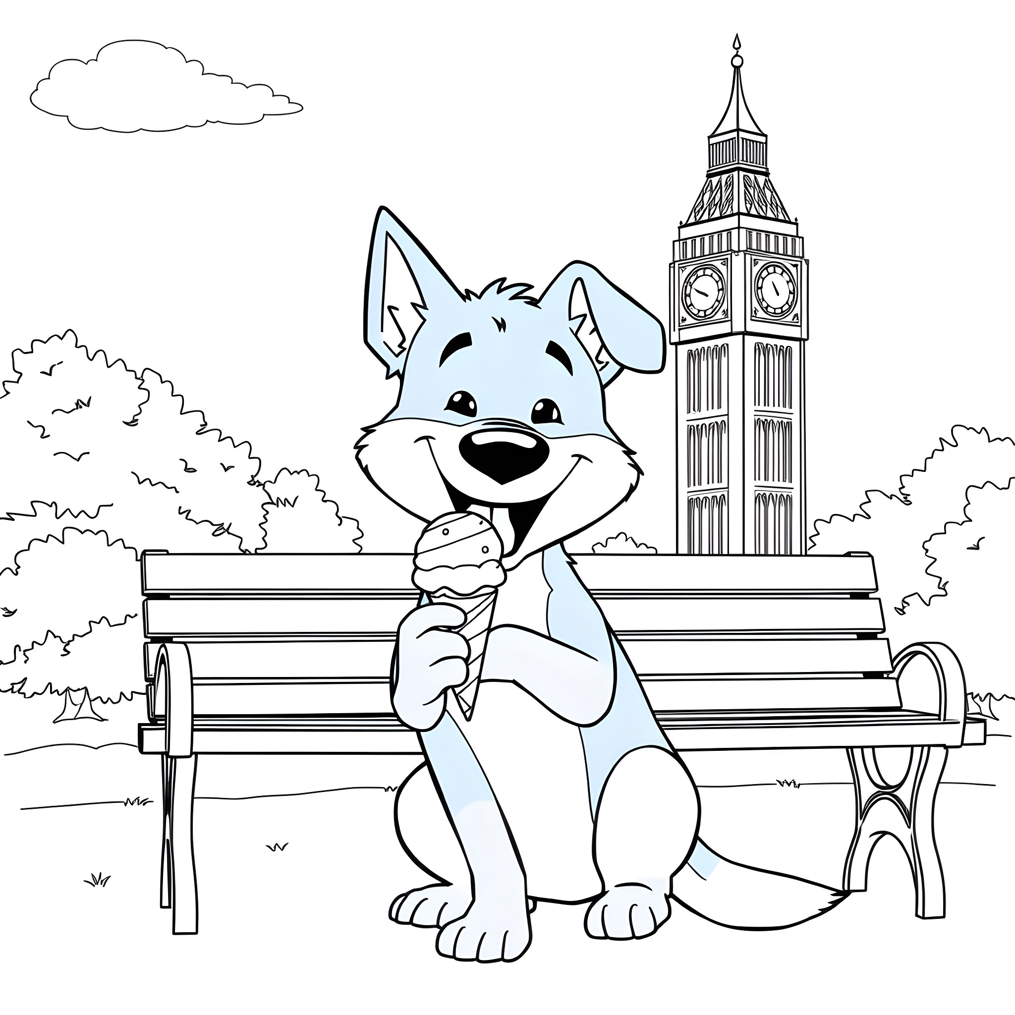 Bluey enjoying a snack on a bench in London Coloring Page (free black-and-white line drawing printable PDF for all, from beginners to advanced learners, including children, teens, adults, and seniors)