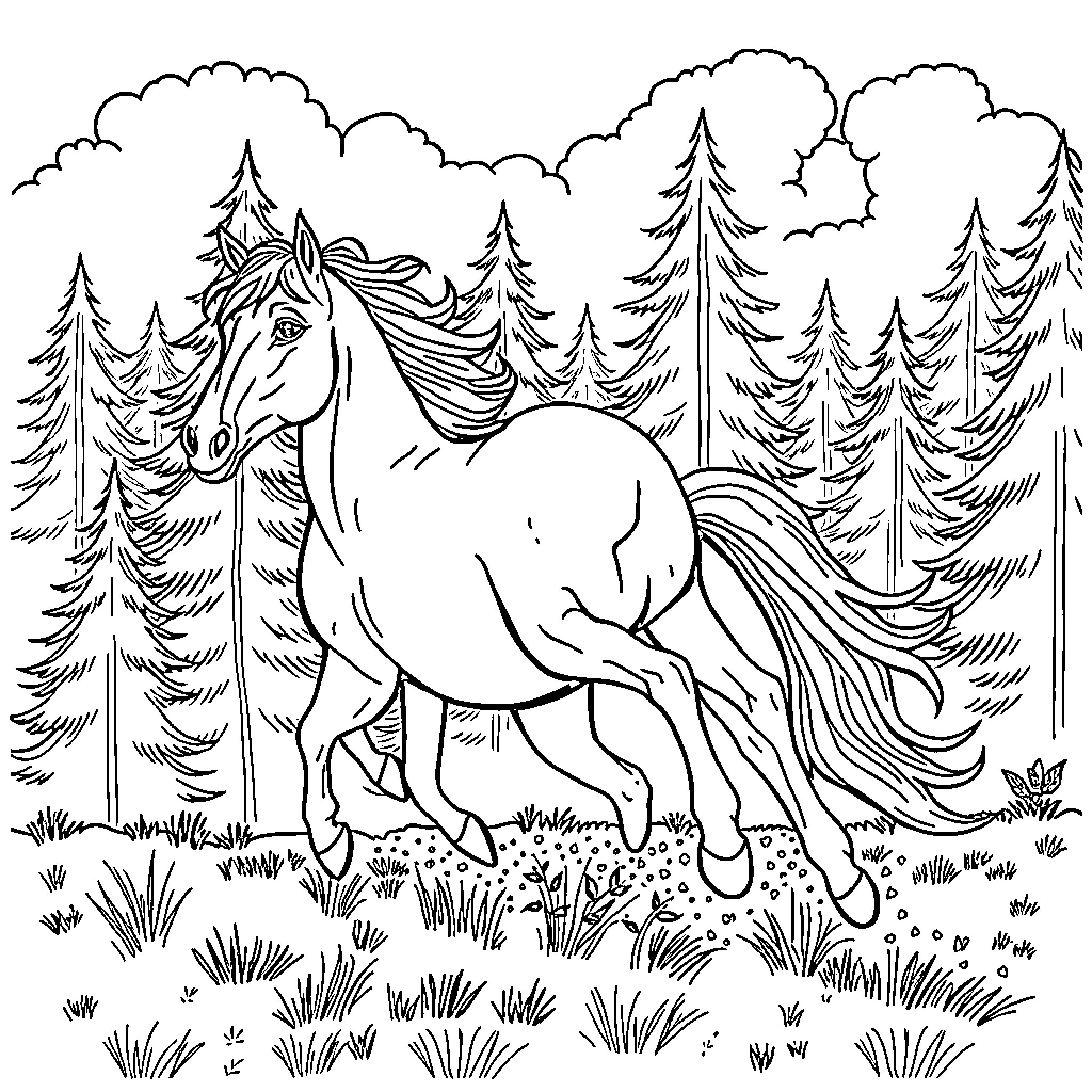 Wildhorse galloping through the forest Coloring Page (free black-and-white line drawing printable PDF for all, from beginners to advanced learners, including children, teens, adults, and seniors)
