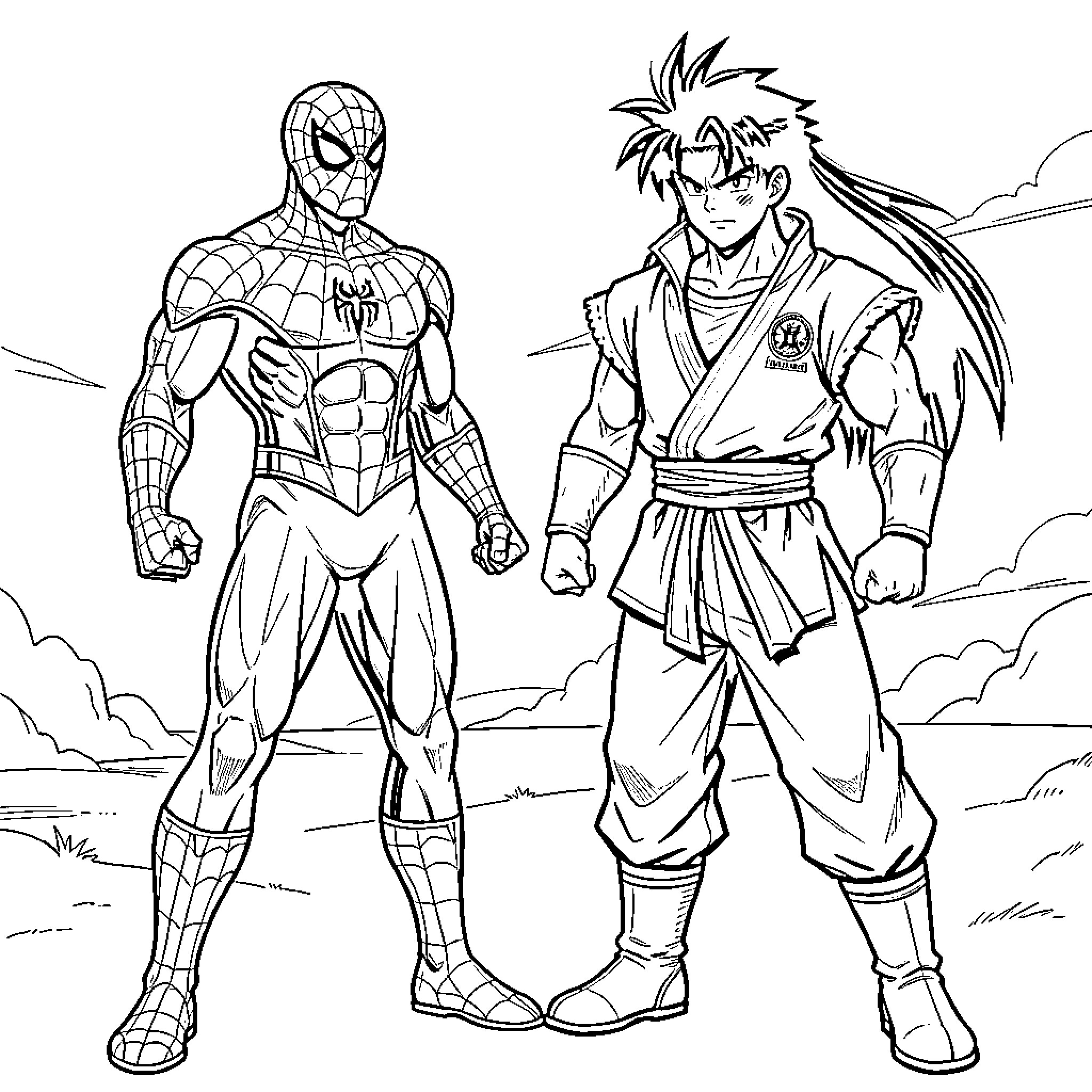 Spiderman standing heroically alongside a martial artist Coloring Page (free black-and-white line drawing printable PDF for all, from beginners to advanced learners, including children, teens, adults, and seniors)