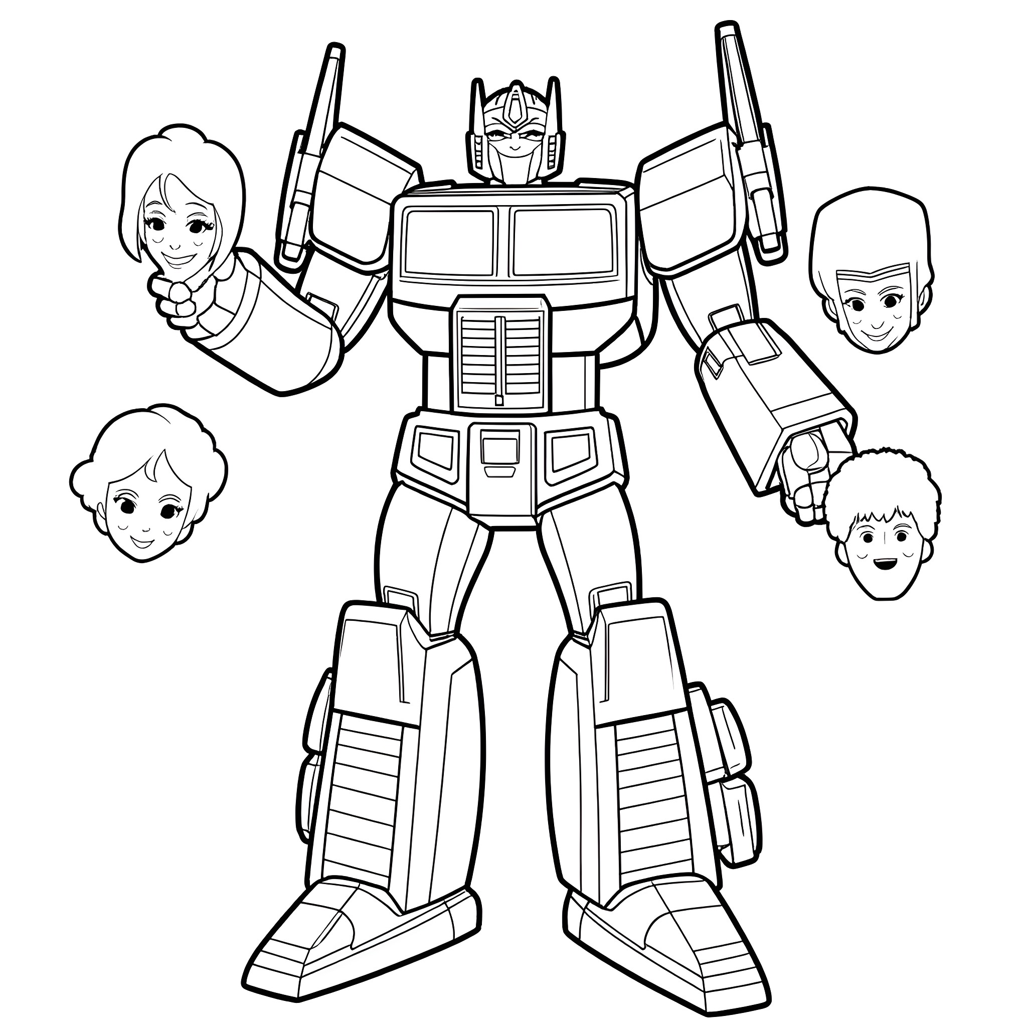 Optimus Prime surrounded by happy children Coloring Page (free black-and-white line drawing printable PDF for all, from beginners to advanced learners, including children, teens, adults, and seniors)