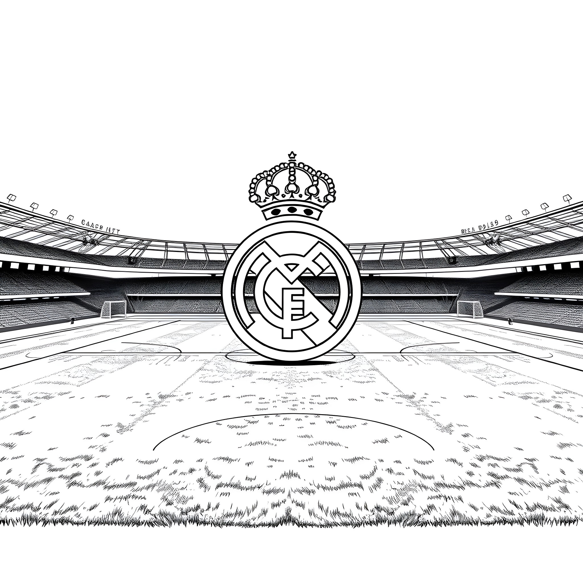 Real Madrid players in stadium with team logo Coloring Page (free black-and-white line drawing printable PDF for all, from beginners to advanced learners, including children, teens, adults, and seniors)