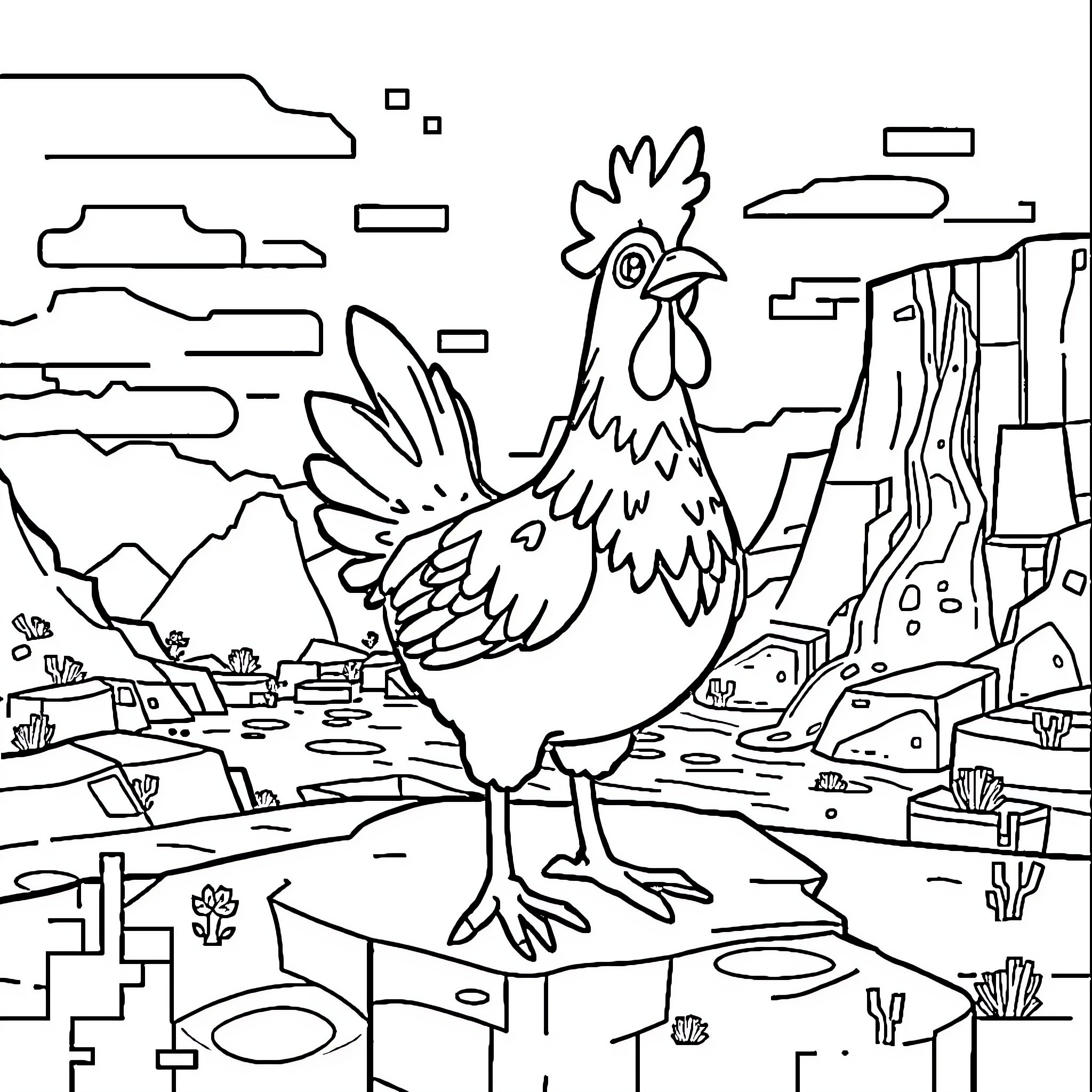 Lava Chicken exploring a desert landscape Coloring Page (free black-and-white line drawing printable PDF for all, from beginners to advanced learners, including children, teens, adults, and seniors)