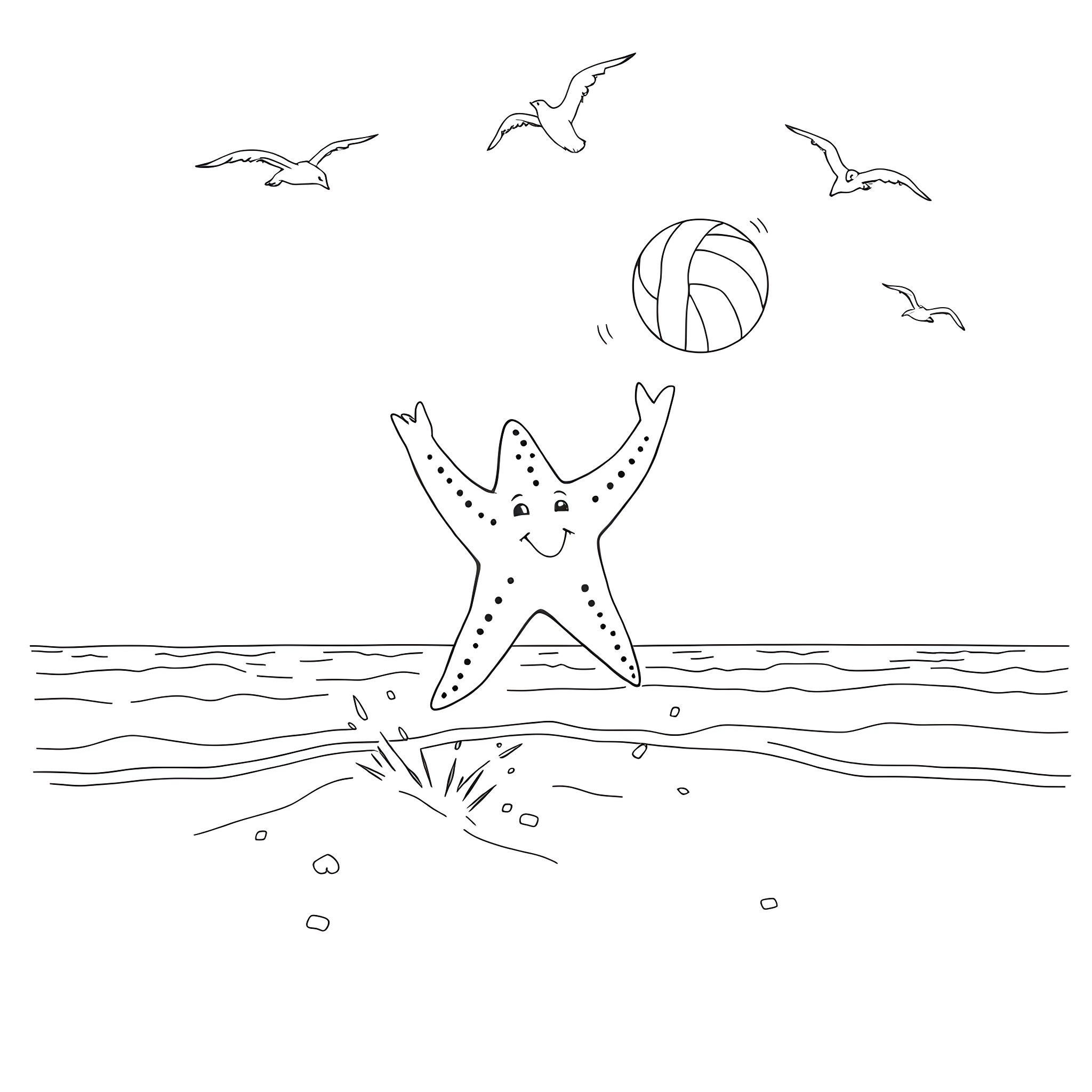 Starfish playing with beach ball in the ocean Coloring Page (free black-and-white line drawing printable PDF for all, from beginners to advanced learners, including children, teens, adults, and seniors)