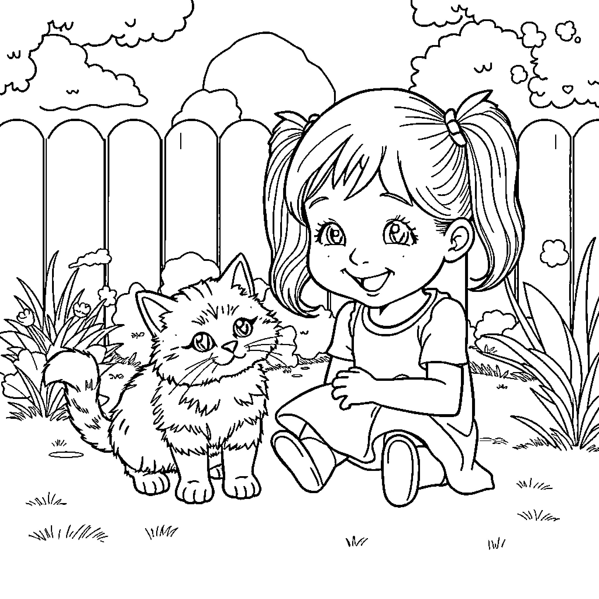 Girl playing with cute kittens in the garden Coloring Page (free black-and-white line drawing printable PDF for all, from beginners to advanced learners, including children, teens, adults, and seniors)