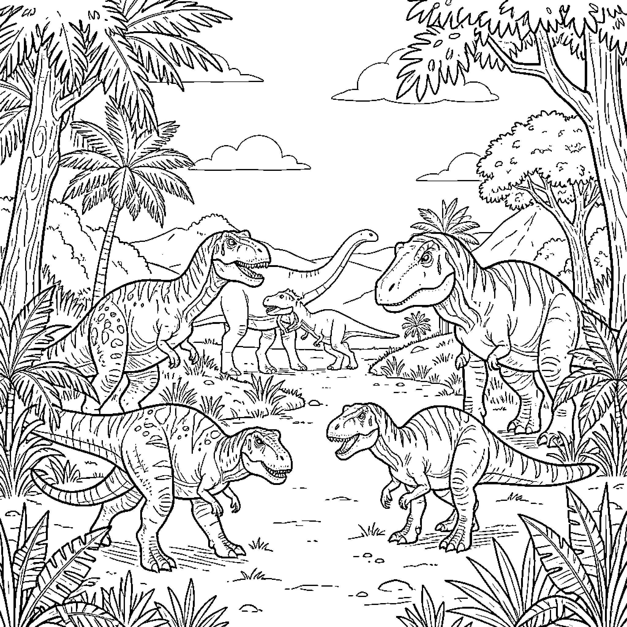 Dinosaur group walking together through a tropical jungle Coloring Page (free black-and-white line drawing printable PDF for all, from beginners to advanced learners, including children, teens, adults, and seniors)