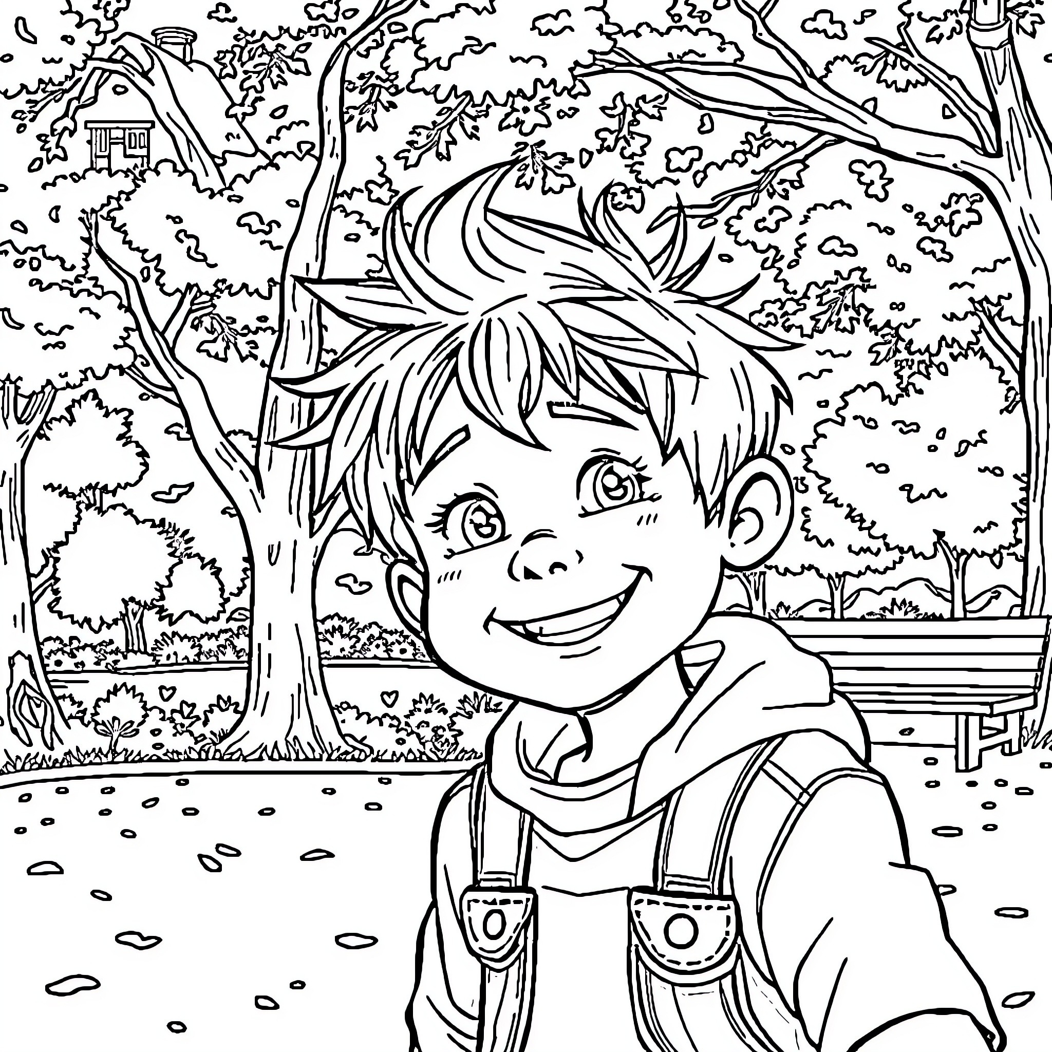 Tom's Cheerful Outdoor Adventure Coloring Page (free black-and-white line drawing printable PDF for all, from beginners to advanced learners, including children, teens, adults, and seniors)