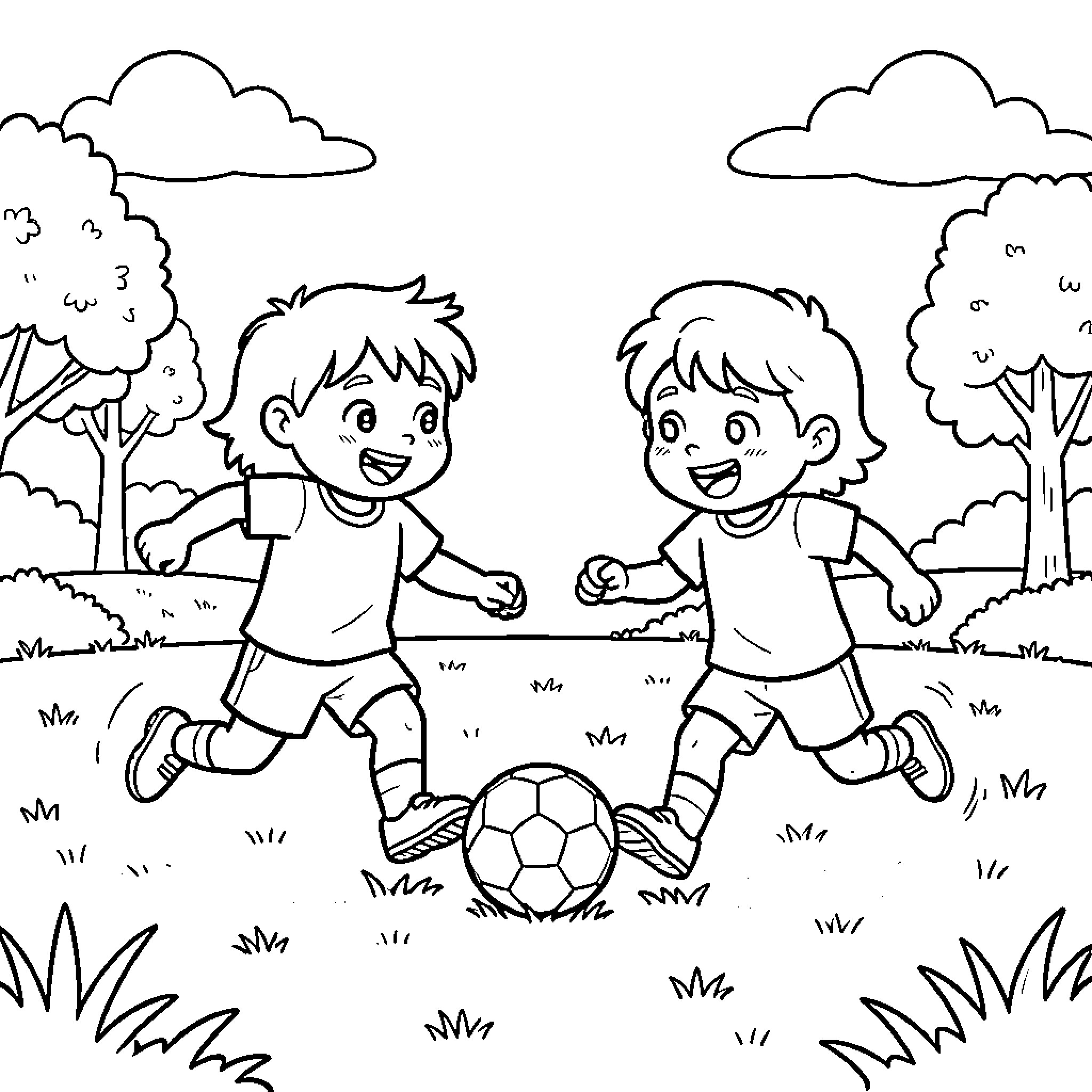Macha boys playing soccer in a grassy field Coloring Page (free black-and-white line drawing printable PDF for all, from beginners to advanced learners, including children, teens, adults, and seniors)