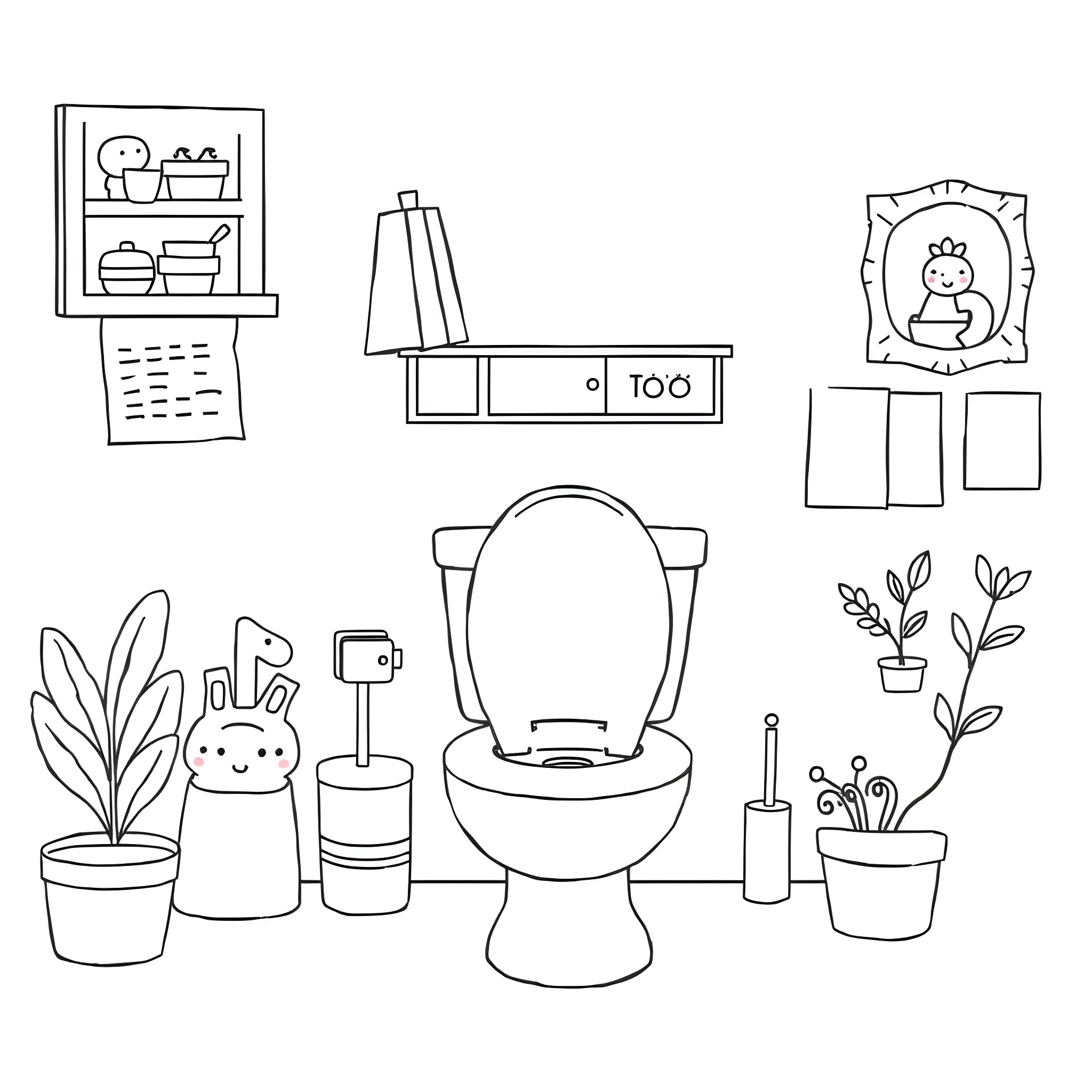 Ms Rachel's Cozy Bathroom Scene Coloring Page (free black-and-white line drawing printable PDF for all, from beginners to advanced learners, including children, teens, adults, and seniors)