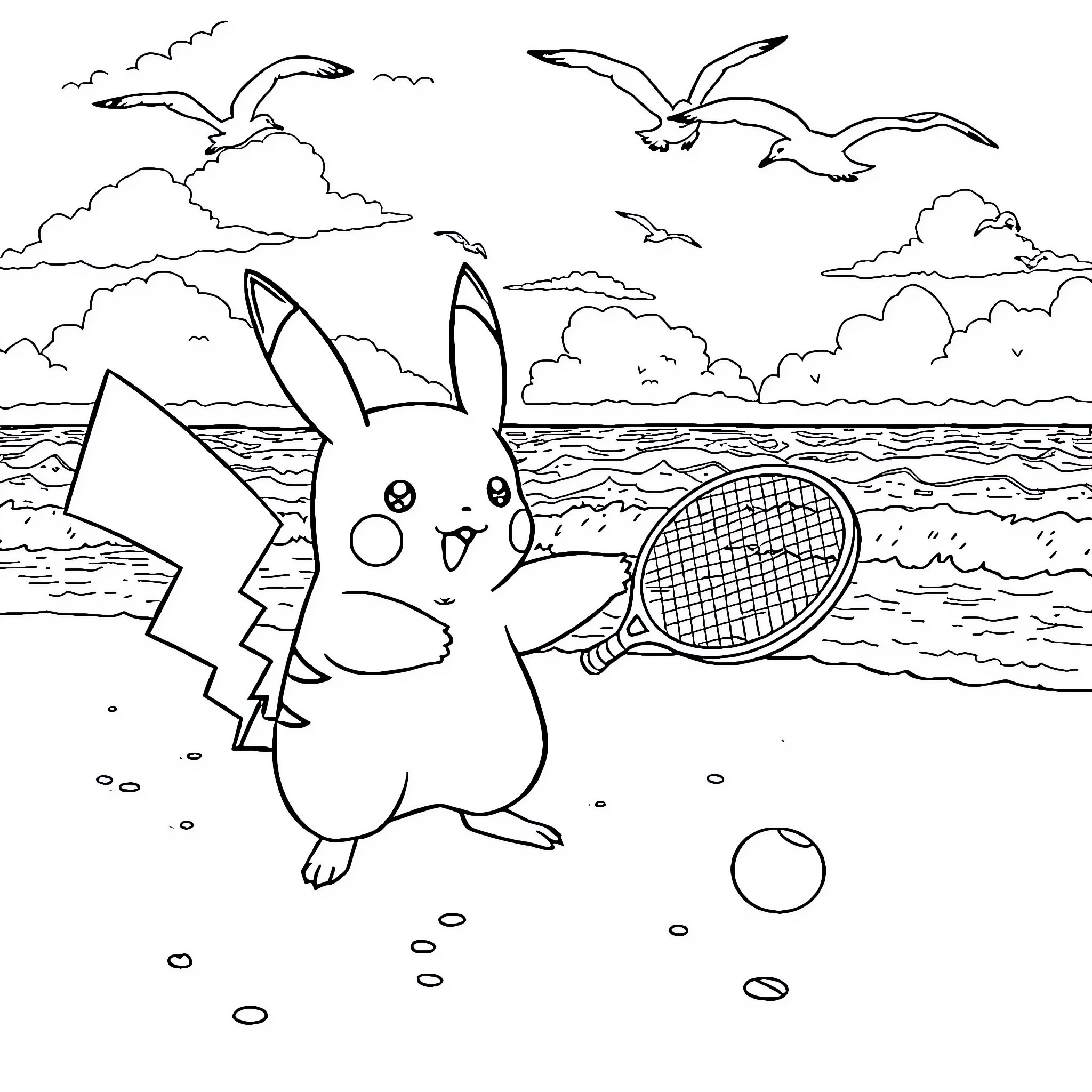 Pikachu playing beach tennis with seagulls Coloring Page (free black-and-white line drawing printable PDF for all, from beginners to advanced learners, including children, teens, adults, and seniors)