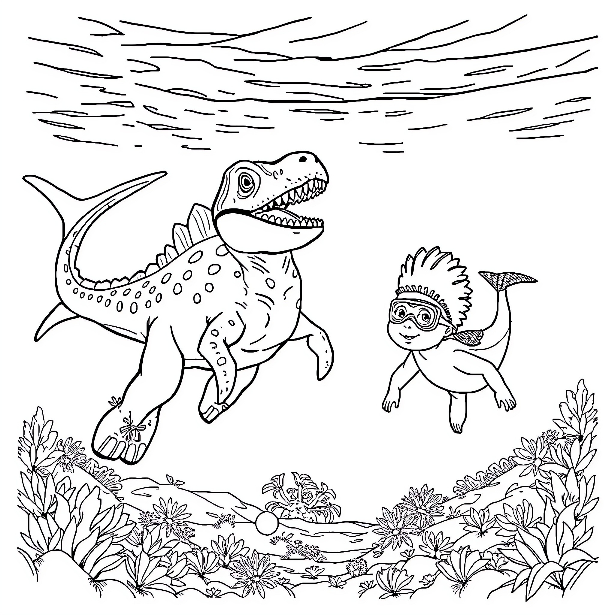Mosasaurus and Tribal Boy Swimming Underwater Coloring Page (free black-and-white line drawing printable PDF for all, from beginners to advanced learners, including children, teens, adults, and seniors)