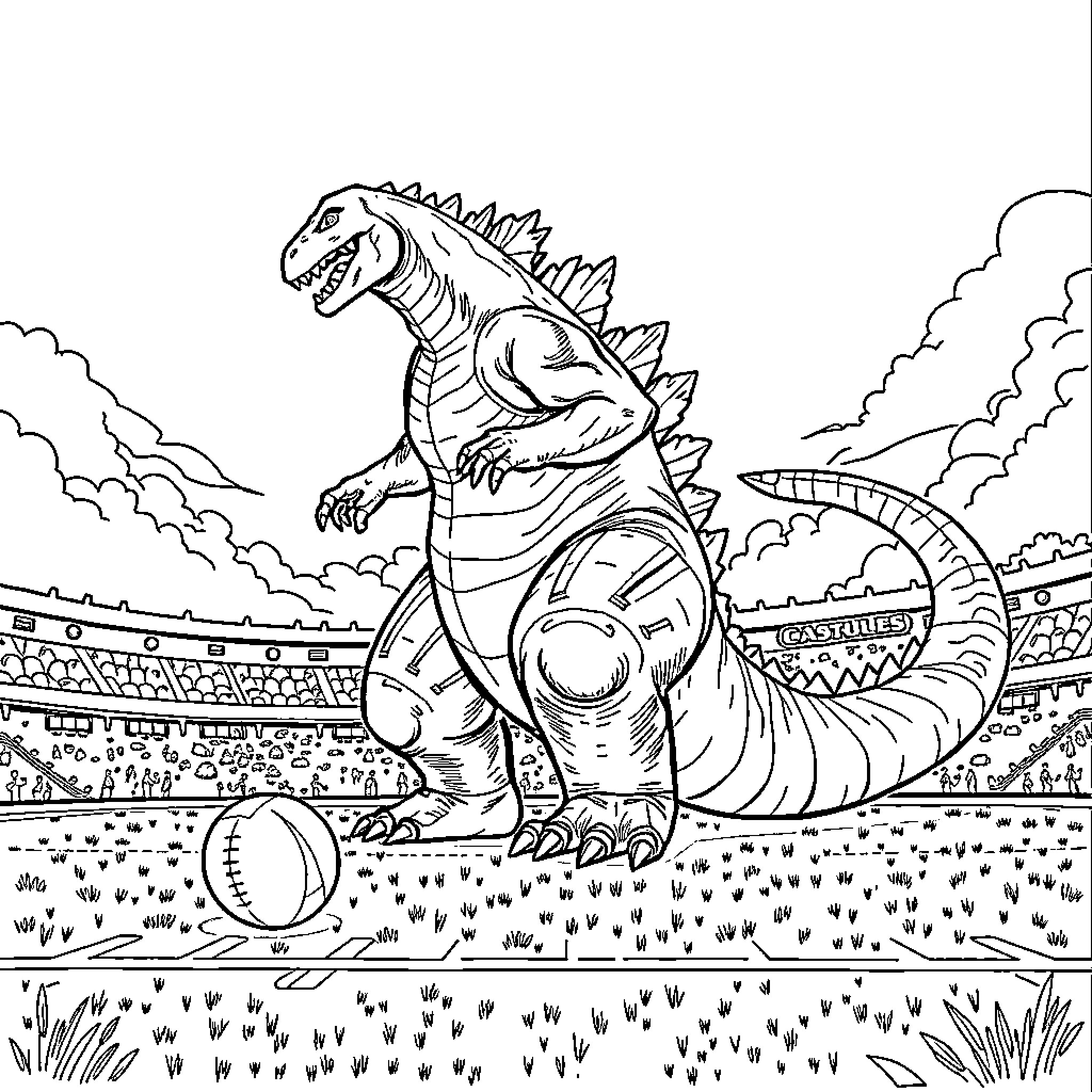 Godzilla Stomping Recklessly Through Cityscape Coloring Page (free black-and-white line drawing printable PDF for all, from beginners to advanced learners, including children, teens, adults, and seniors)
