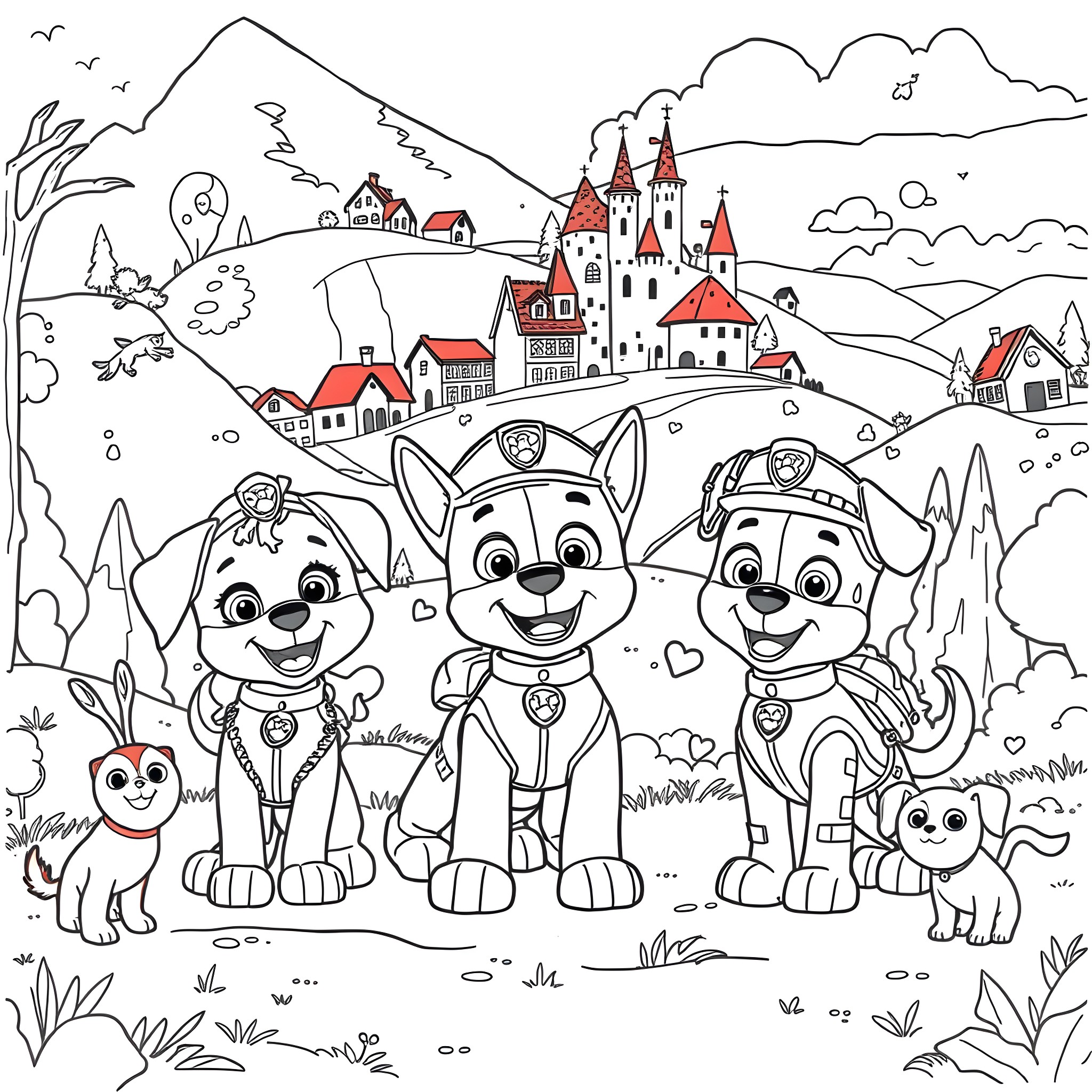 Paw Patrol Pups Exploring a Magical Castle Town Coloring Page (free black-and-white line drawing printable PDF for all, from beginners to advanced learners, including children, teens, adults, and seniors)
