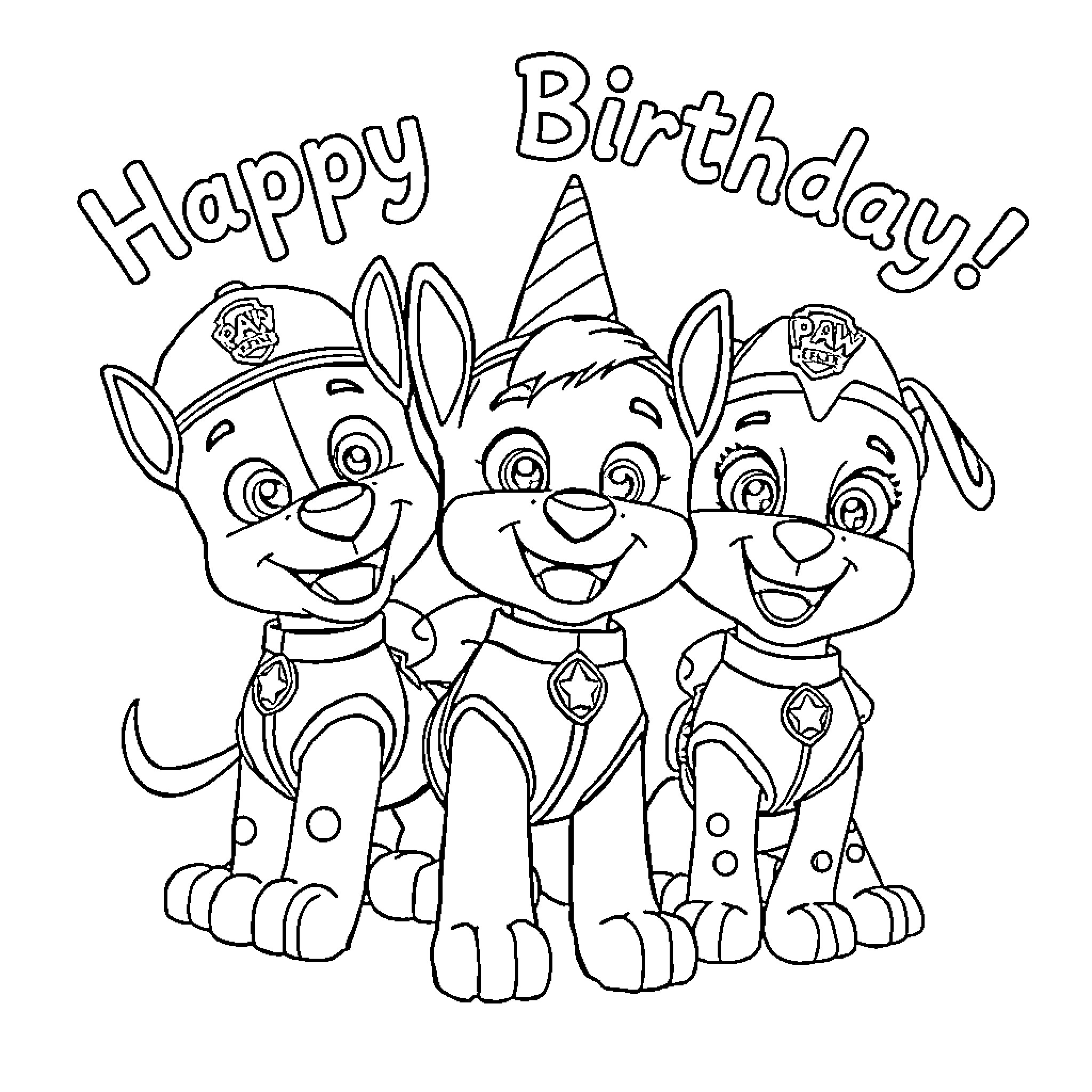 Paw Patrol Puppies Celebrating Birthday Coloring Page (free black-and-white line drawing printable PDF for all, from beginners to advanced learners, including children, teens, adults, and seniors)