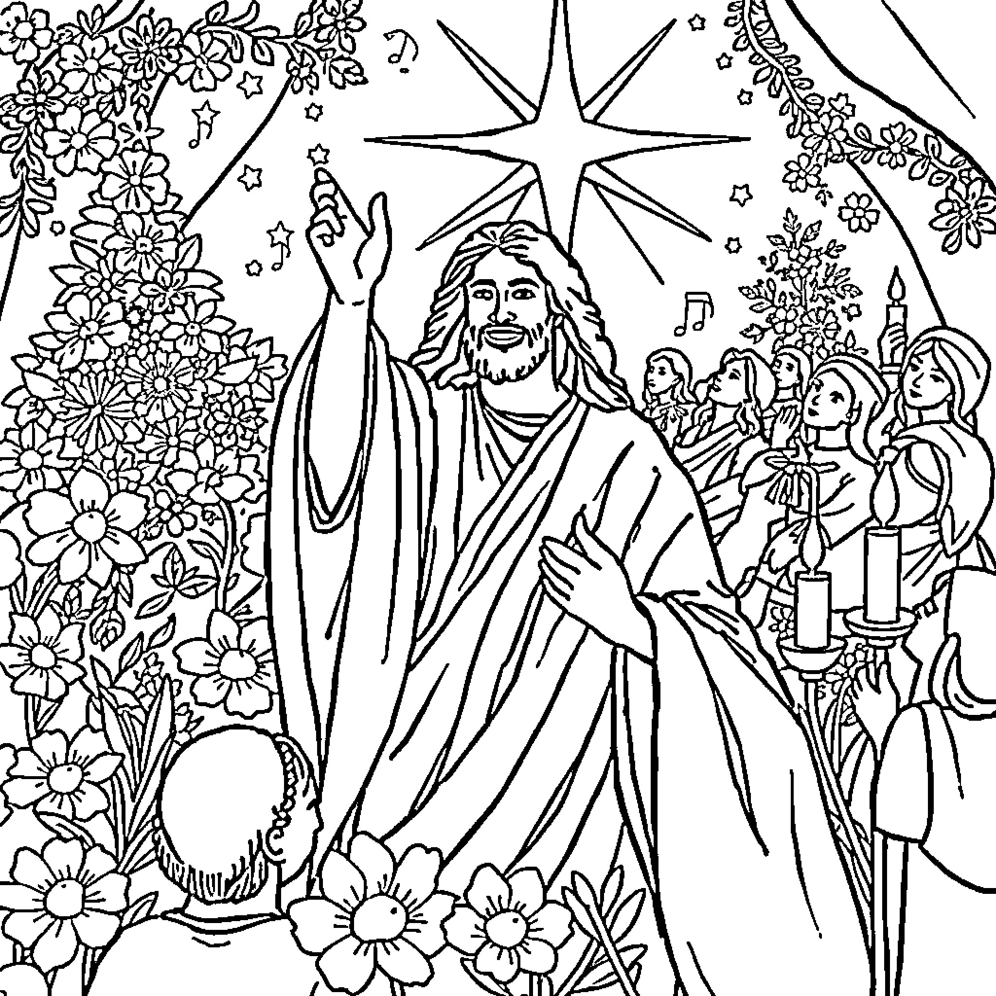 Jesus Blesses and Spreads Joy to Followers Coloring Page (free black-and-white line drawing printable PDF for all, from beginners to advanced learners, including children, teens, adults, and seniors)