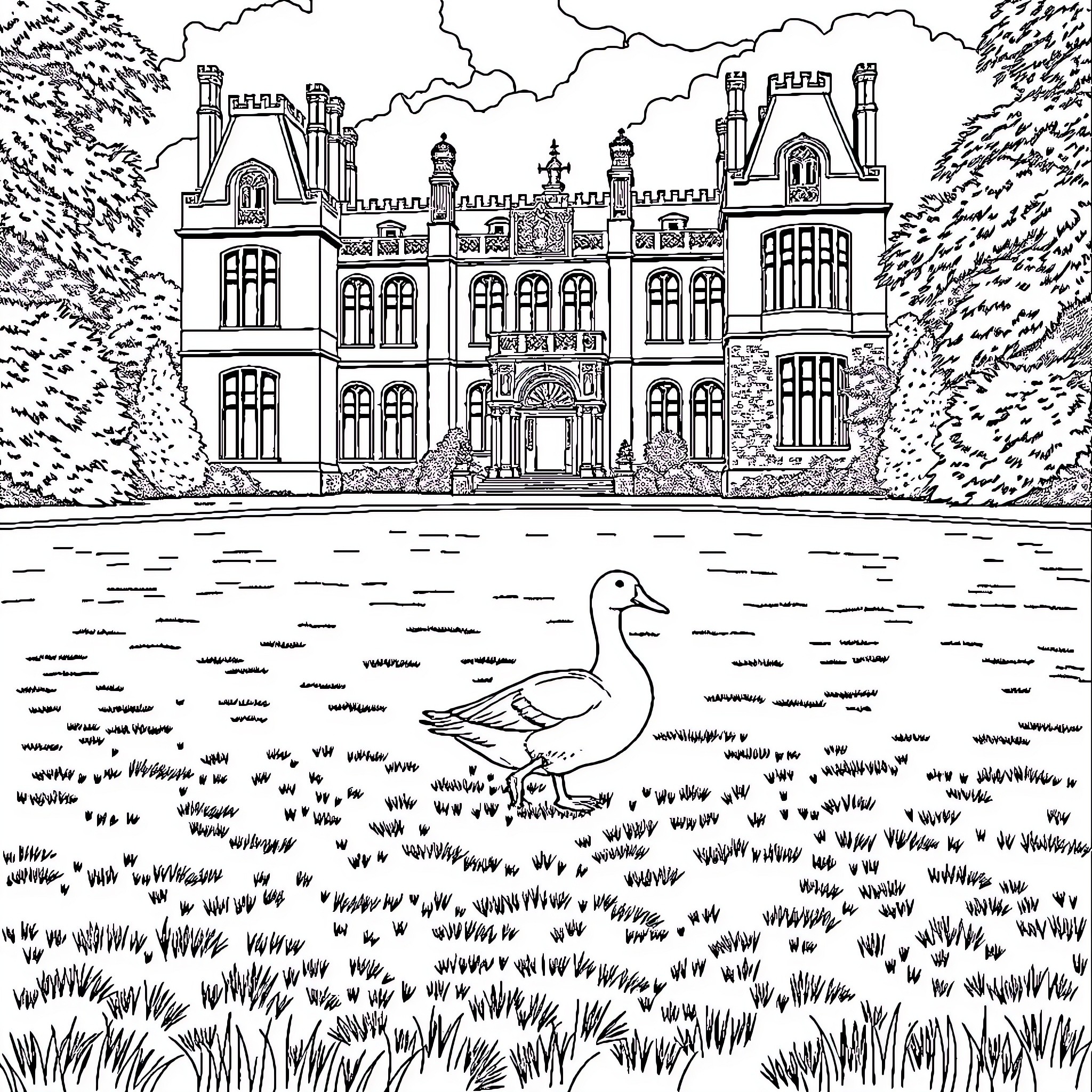 Duck exploring the charming castle grounds Coloring Page (free black-and-white line drawing printable PDF for all, from beginners to advanced learners, including children, teens, adults, and seniors)