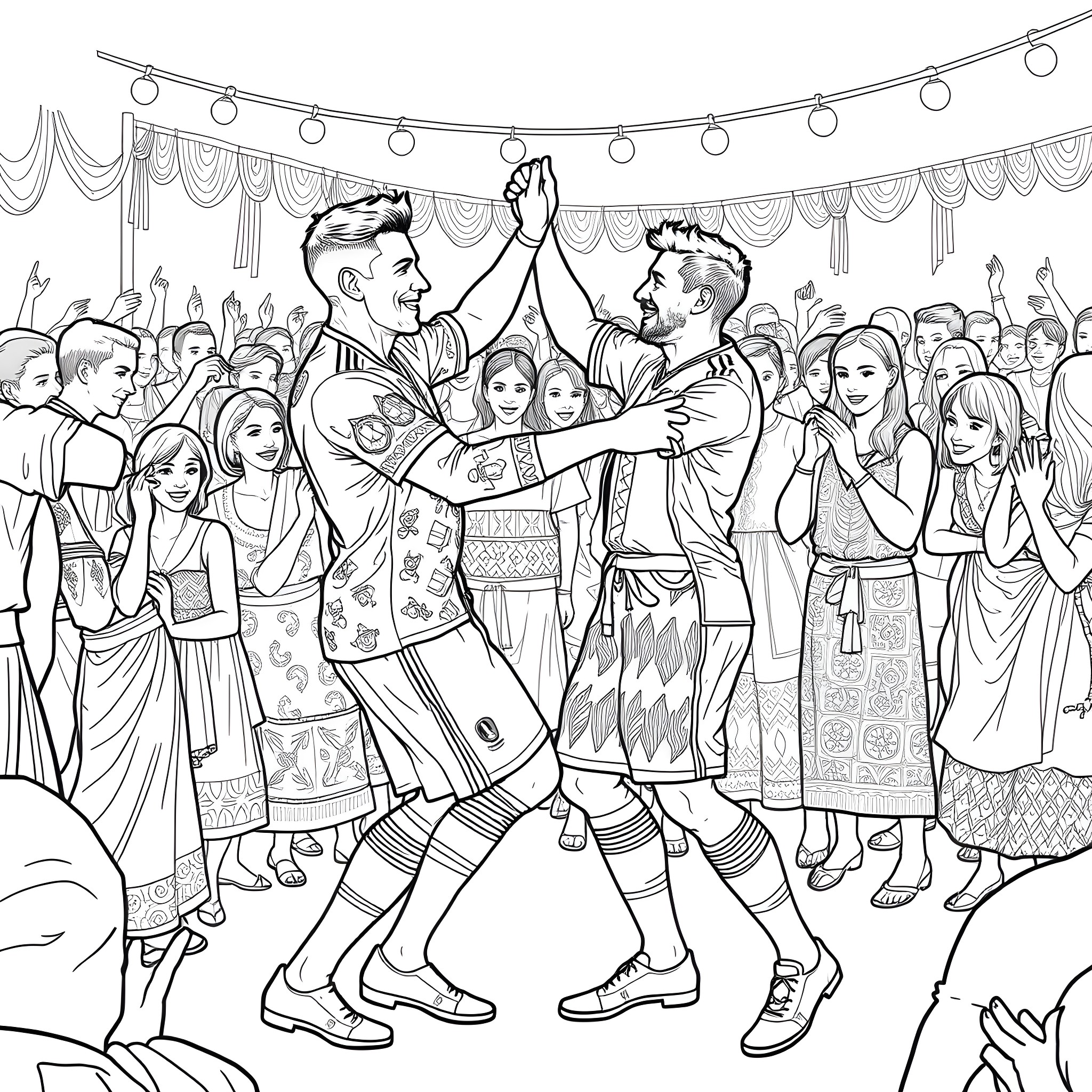 Ronaldo's Lively Dance at a Traditional Celebration Coloring Page (free black-and-white line drawing printable PDF for all, from beginners to advanced learners, including children, teens, adults, and seniors)