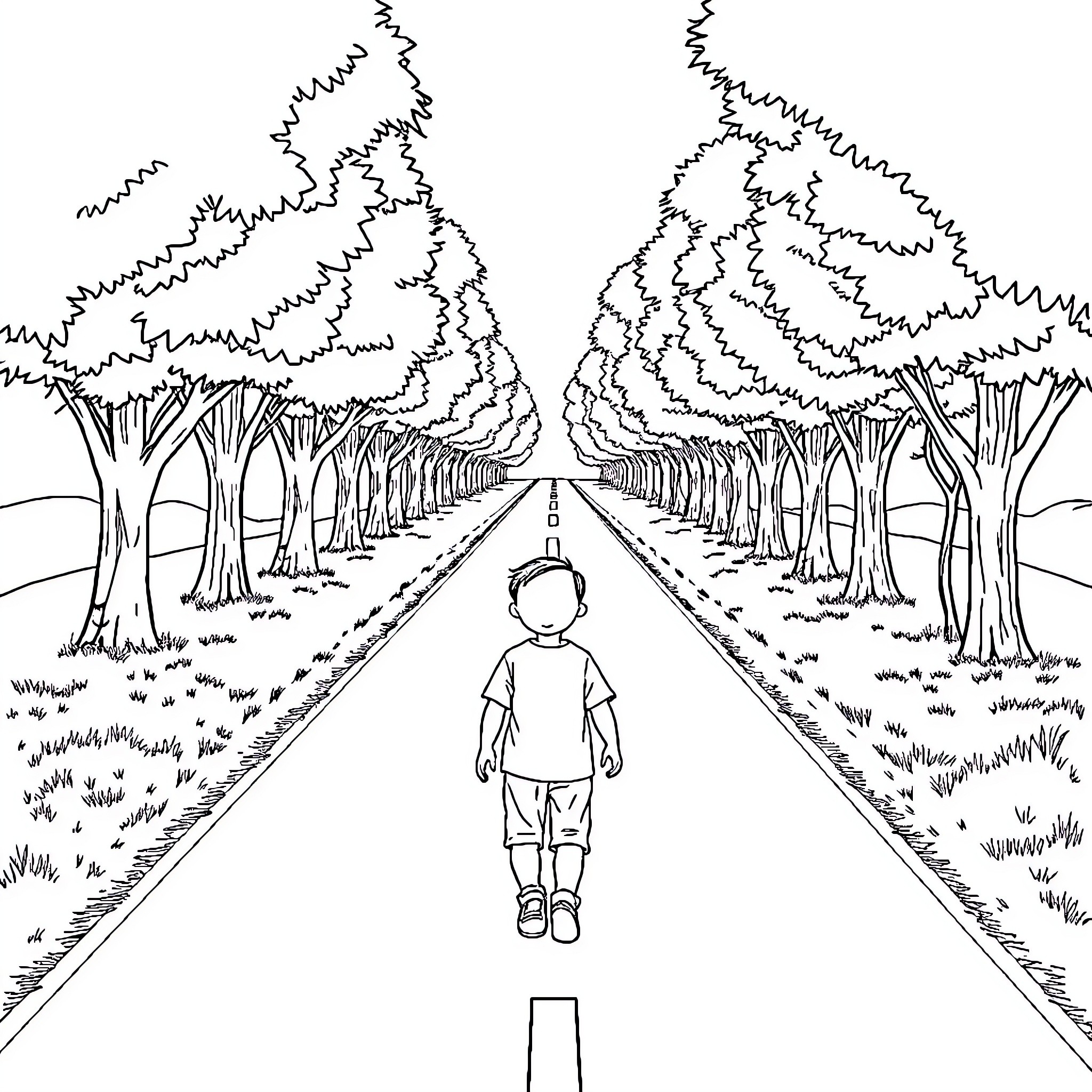 Boy walking alone on a path through a forest Coloring Page (free black-and-white line drawing printable PDF for all, from beginners to advanced learners, including children, teens, adults, and seniors)