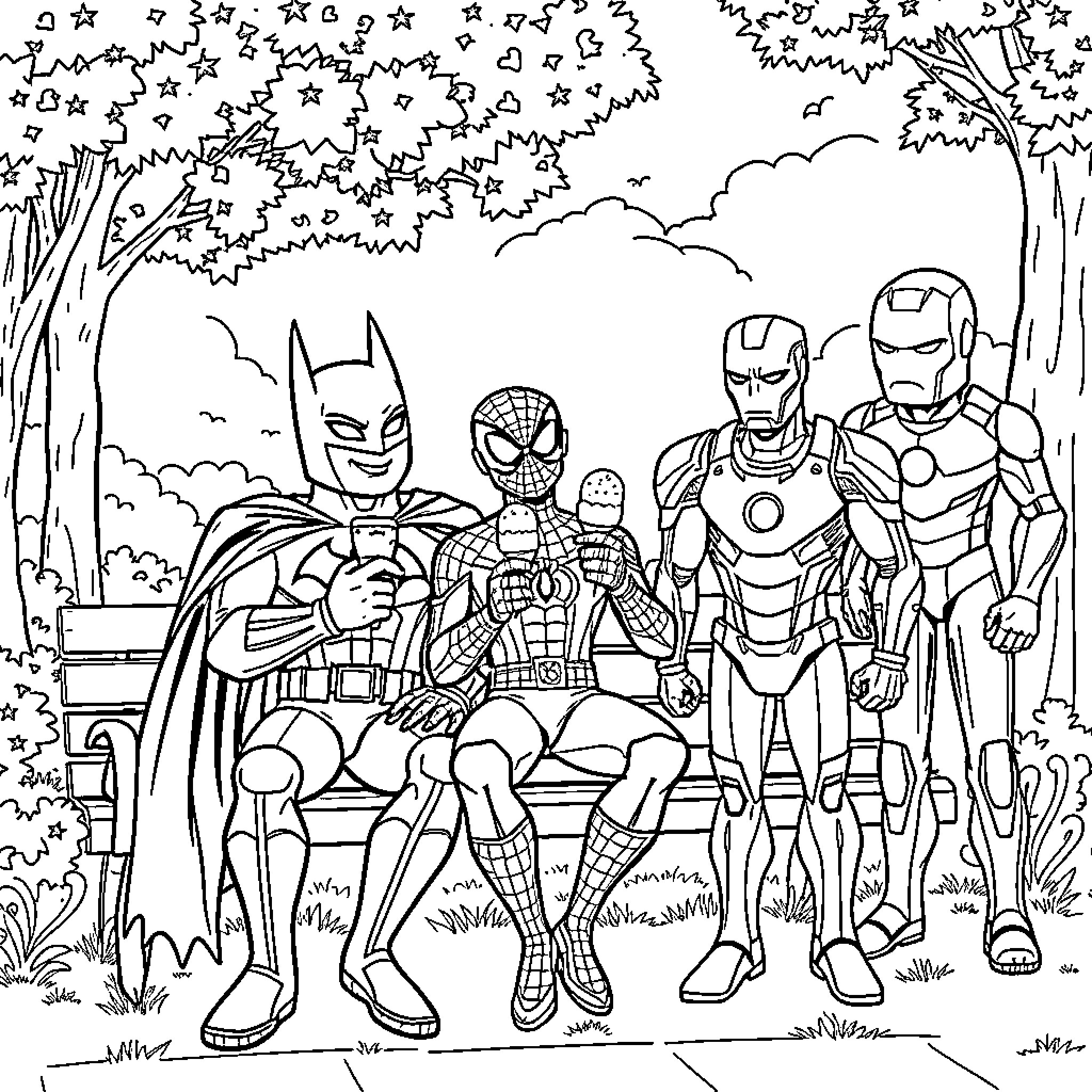 Batman, Spider-Man, and Iron Man team up in the night sky Coloring Page (free black-and-white line drawing printable PDF for all, from beginners to advanced learners, including children, teens, adults, and seniors)
