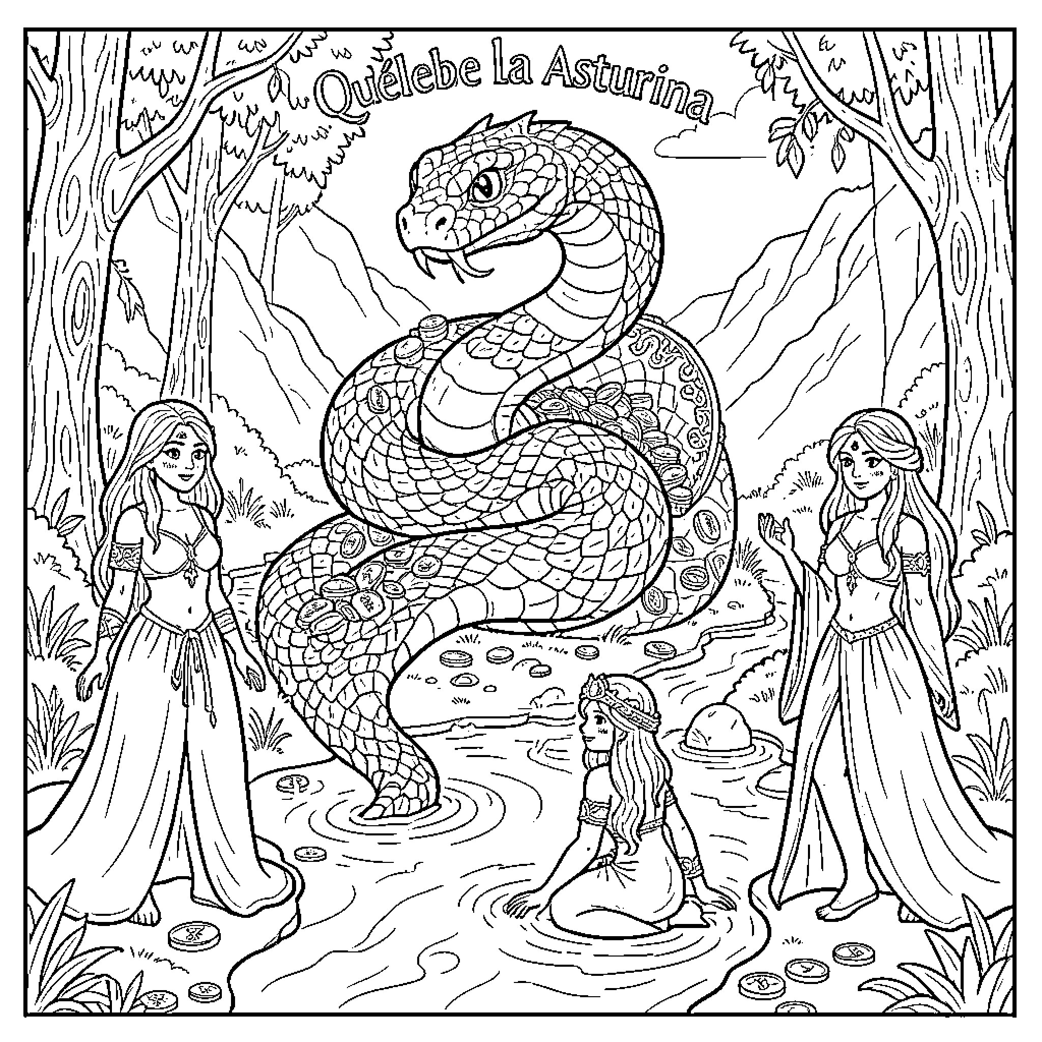 Asturian Mythology Characters in Fantastical Forest Scene Coloring Page (free black-and-white line drawing printable PDF for all, from beginners to advanced learners, including children, teens, adults, and seniors)