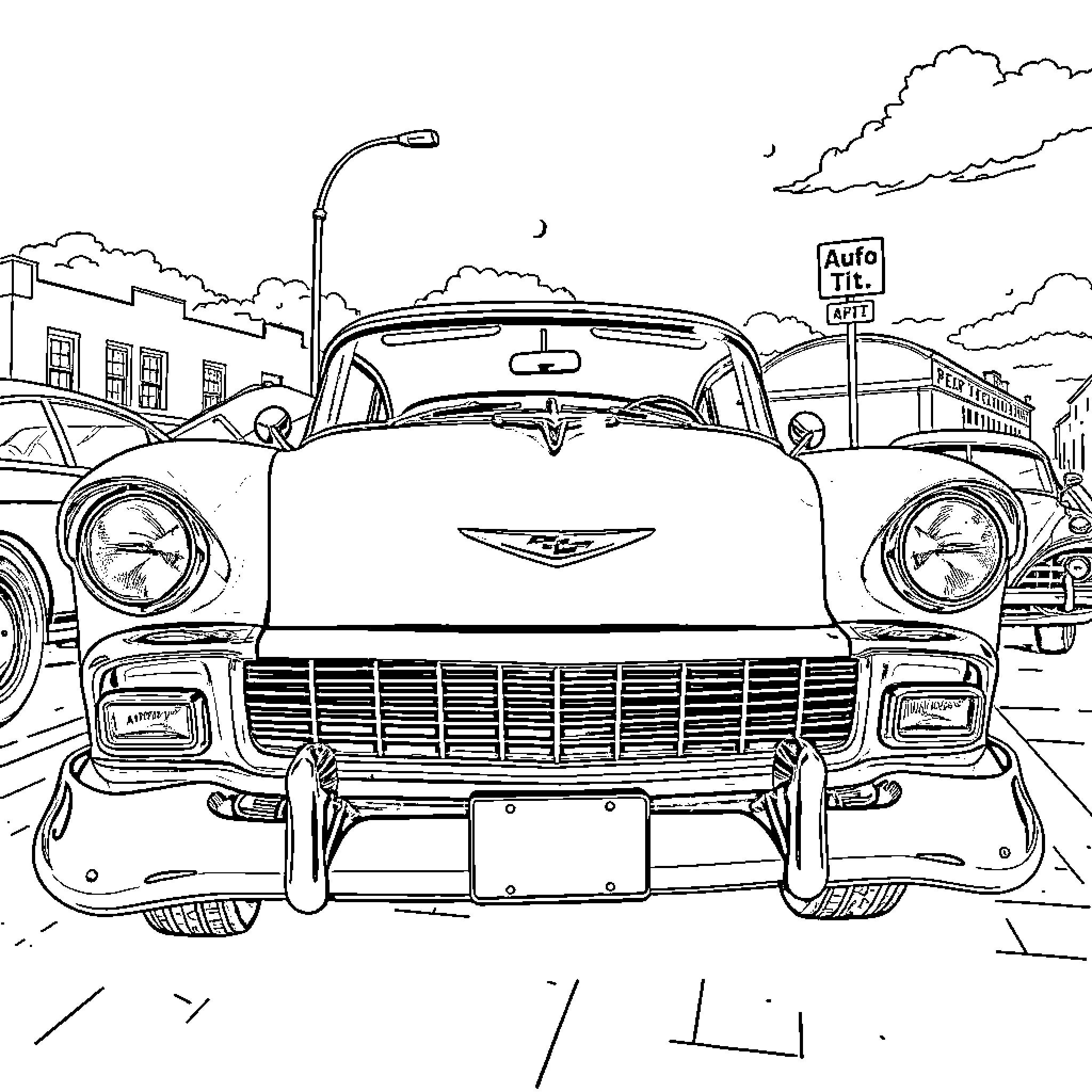 Chevy classic car parked on city street Coloring Page (free black-and-white line drawing printable PDF for all, from beginners to advanced learners, including children, teens, adults, and seniors)