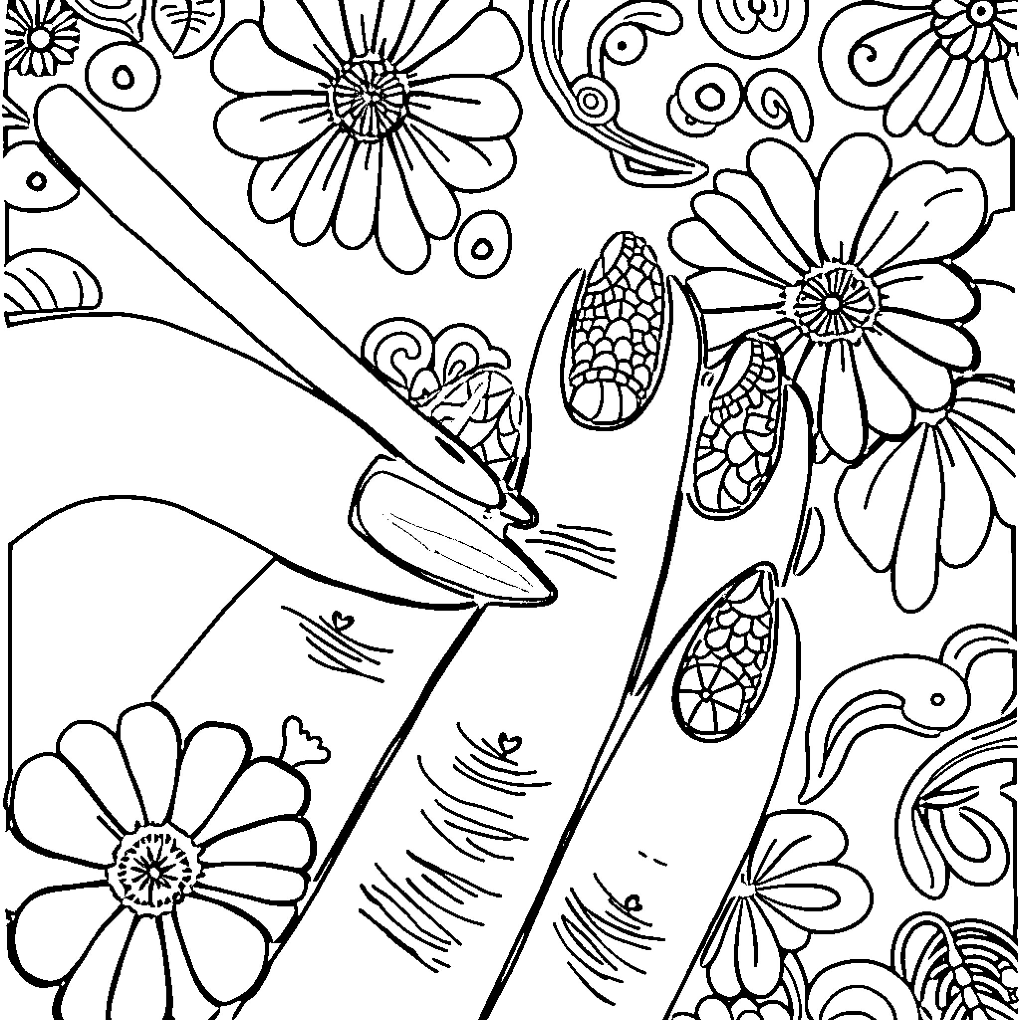 Nail art designs with floral motifs Coloring Page (free black-and-white line drawing printable PDF for all, from beginners to advanced learners, including children, teens, adults, and seniors)