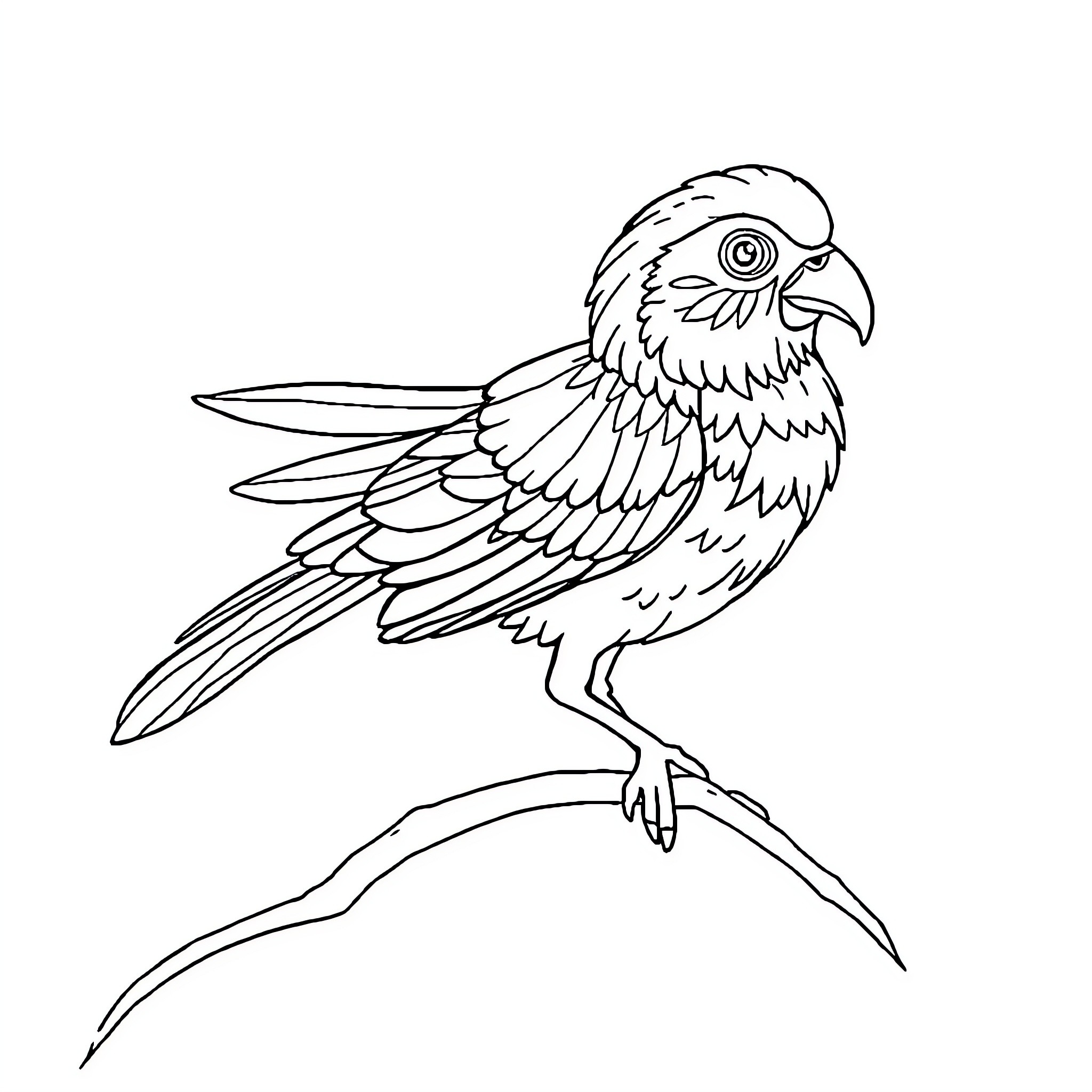 Animal Parrot on Branch Coloring Page (free black-and-white line drawing printable PDF for all, from beginners to advanced learners, including children, teens, adults, and seniors)