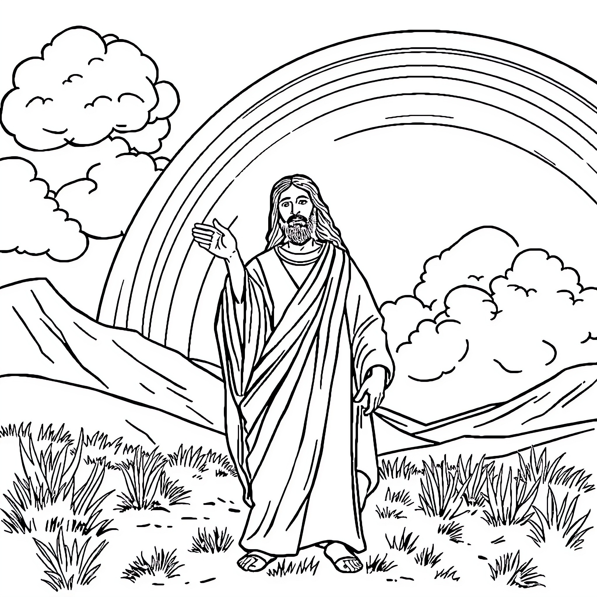 Jesus teaching in the wilderness under a rainbow Coloring Page (free black-and-white line drawing printable PDF for all, from beginners to advanced learners, including children, teens, adults, and seniors)