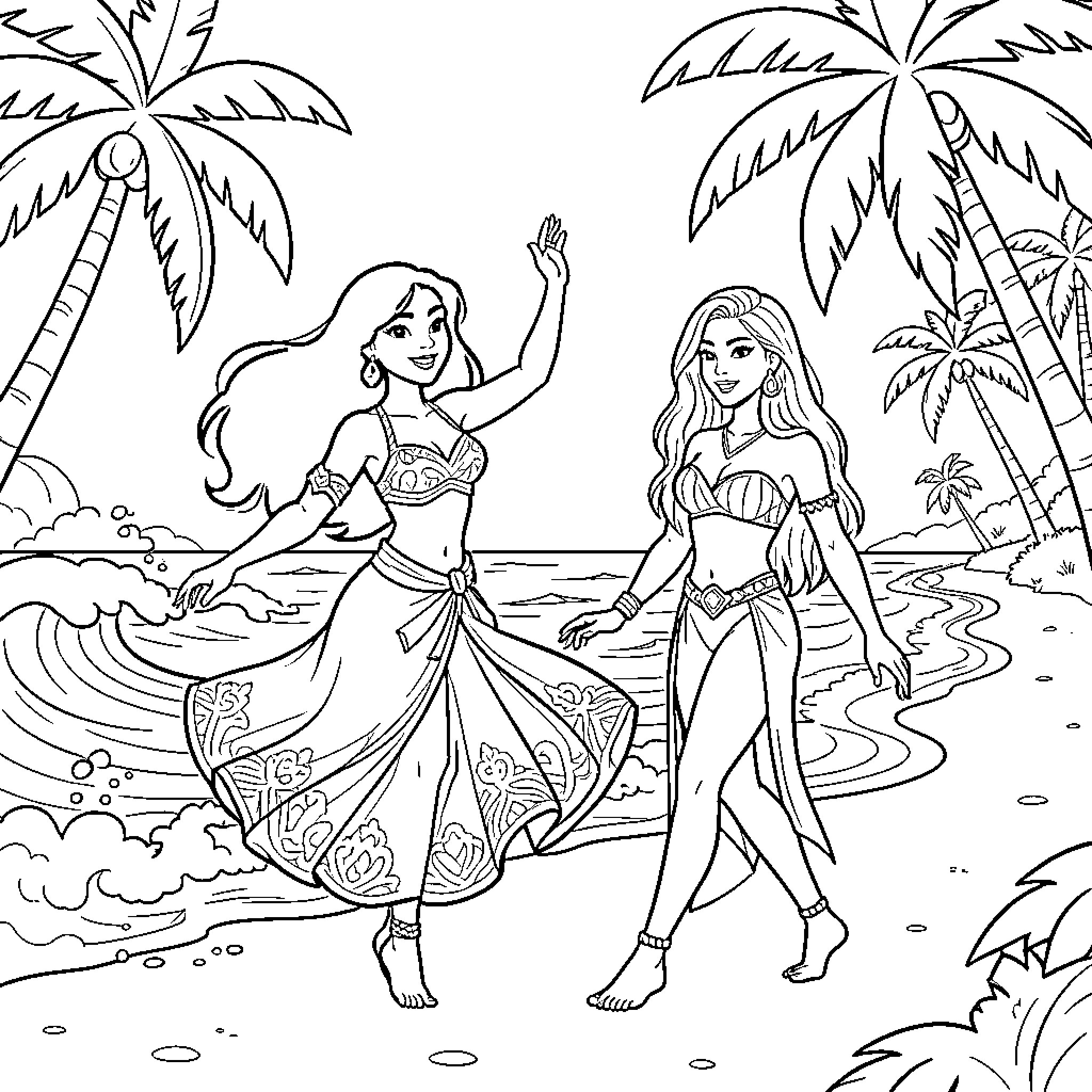 Vaiana and a friend walking on a tropical beach Coloring Page (free black-and-white line drawing printable PDF for all, from beginners to advanced learners, including children, teens, adults, and seniors)