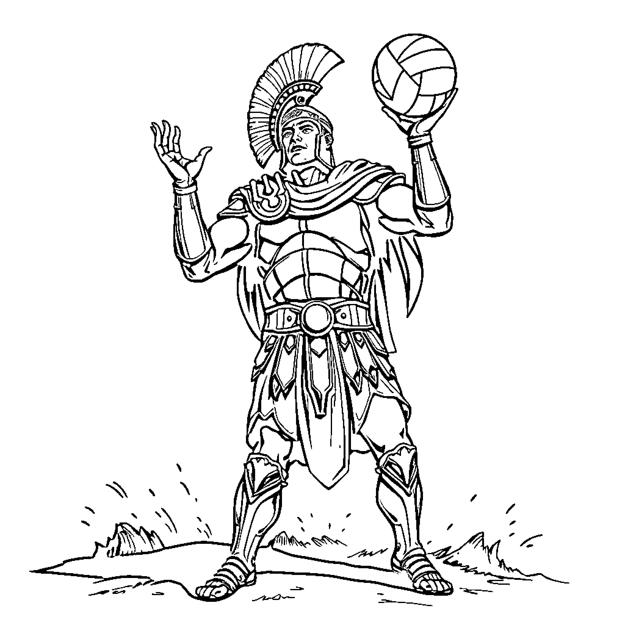 Roman Warrior in Triumphant Pose with Volleyball Coloring Page (free black-and-white line drawing printable PDF for all, from beginners to advanced learners, including children, teens, adults, and seniors)