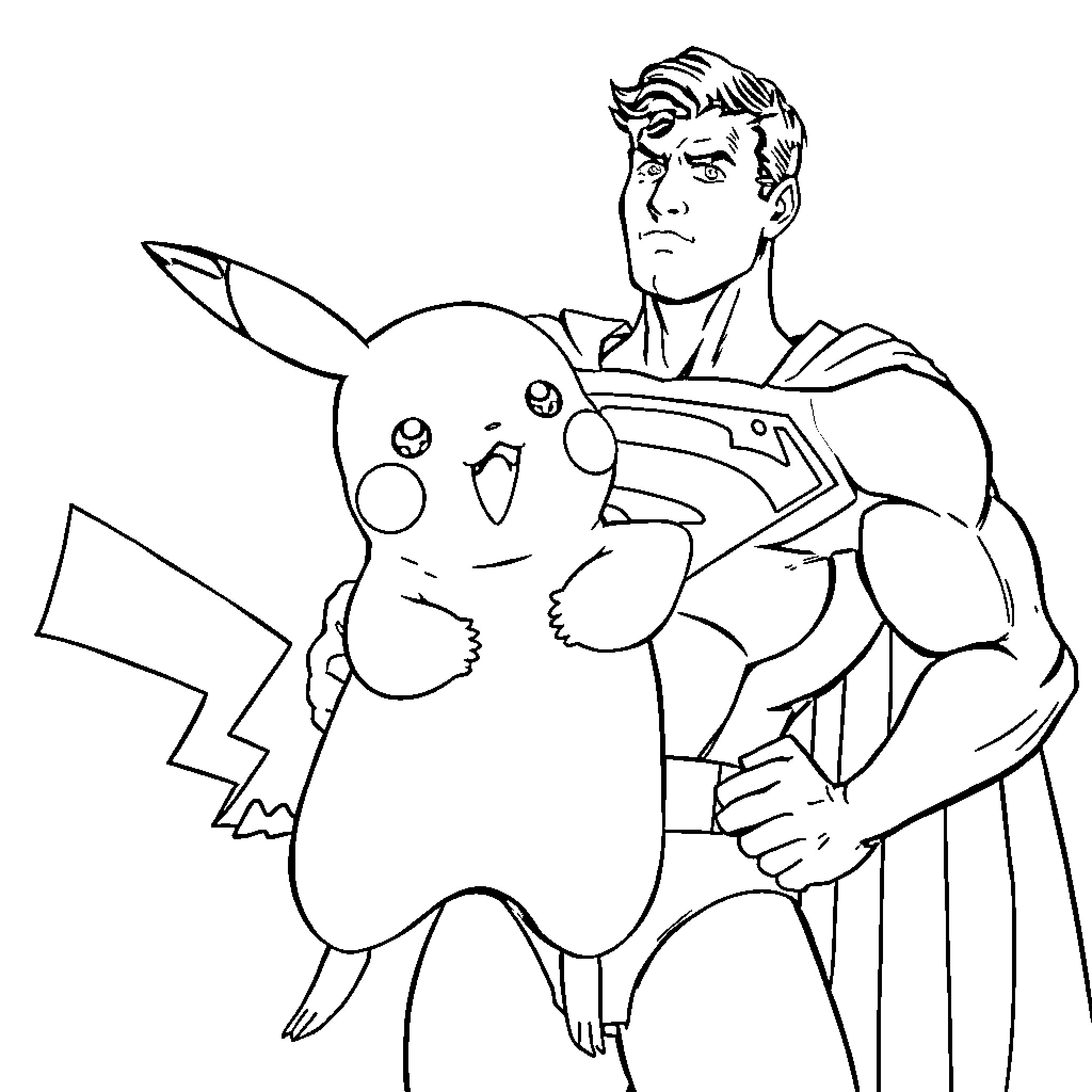 Pikachu being held by a muscular superhero Coloring Page (free black-and-white line drawing printable PDF for all, from beginners to advanced learners, including children, teens, adults, and seniors)