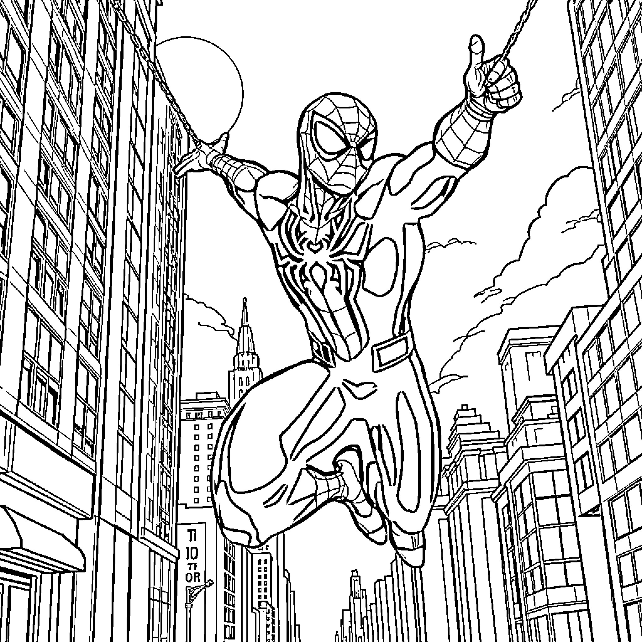 Spiderman swinging through the city skyline Coloring Page (free black-and-white line drawing printable PDF for all, from beginners to advanced learners, including children, teens, adults, and seniors)