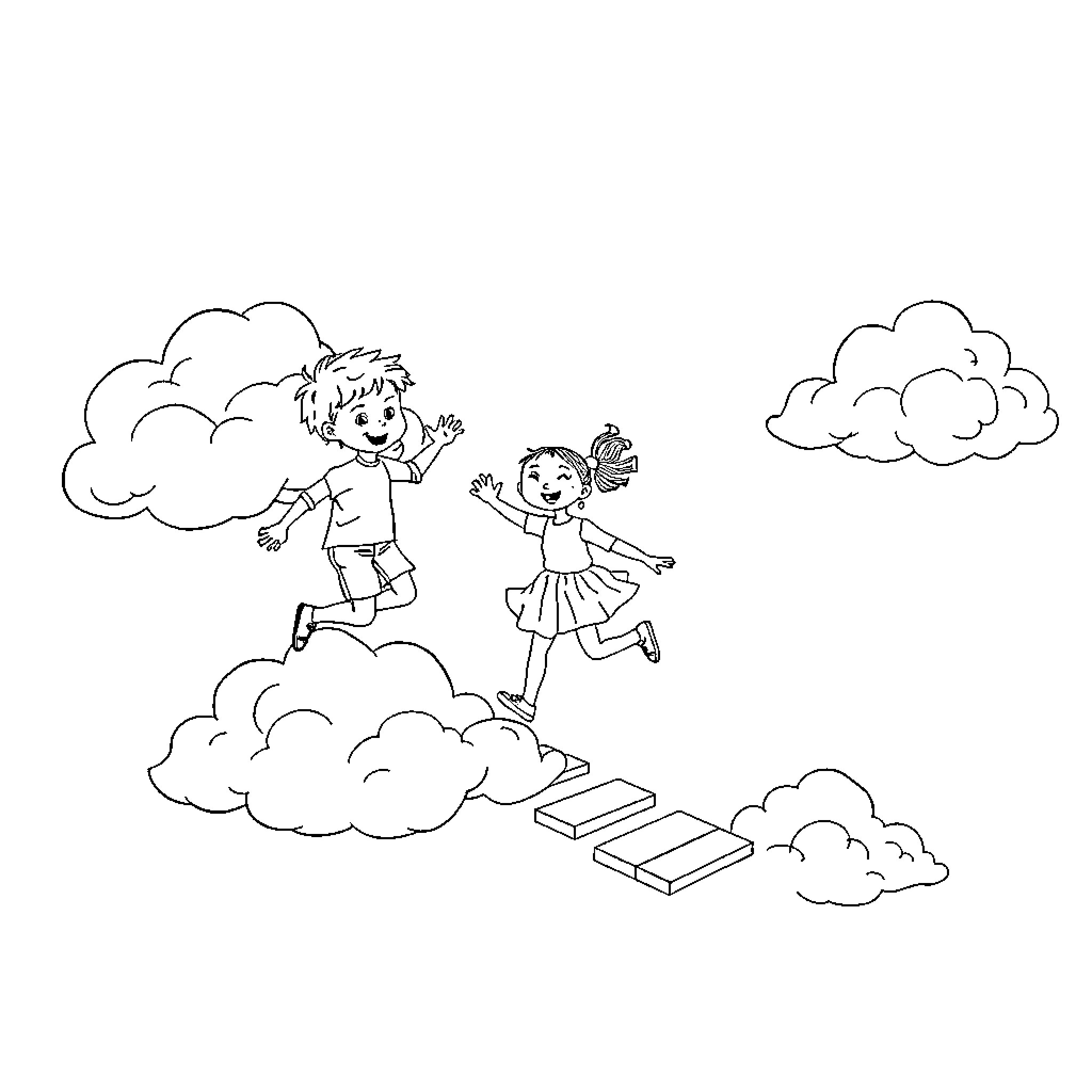 Cloud children playing happily in the sky Coloring Page (free black-and-white line drawing printable PDF for all, from beginners to advanced learners, including children, teens, adults, and seniors)