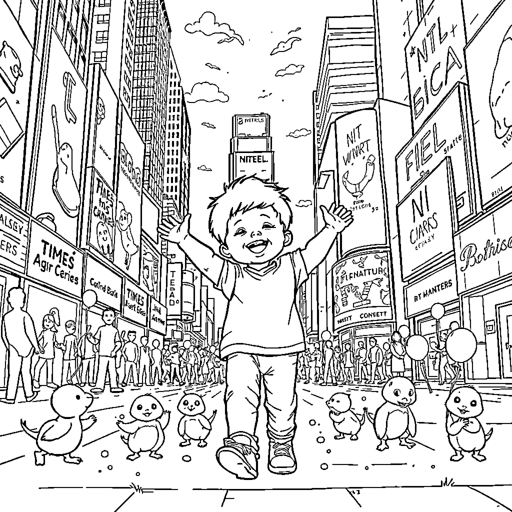 Child exploring the exciting city streets Coloring Page (free black-and-white line drawing printable PDF for all, from beginners to advanced learners, including children, teens, adults, and seniors)