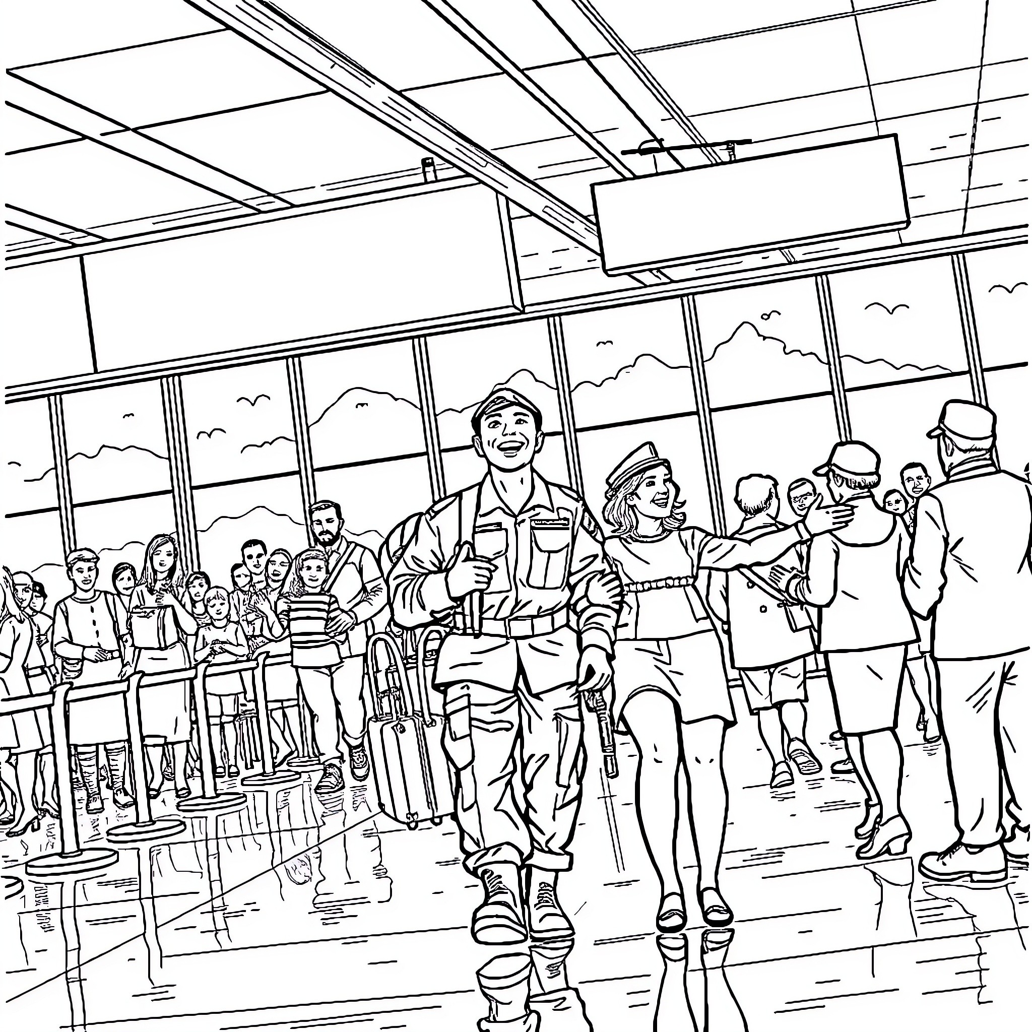 Soldier leading a group through a military base Coloring Page (free black-and-white line drawing printable PDF for all, from beginners to advanced learners, including children, teens, adults, and seniors)